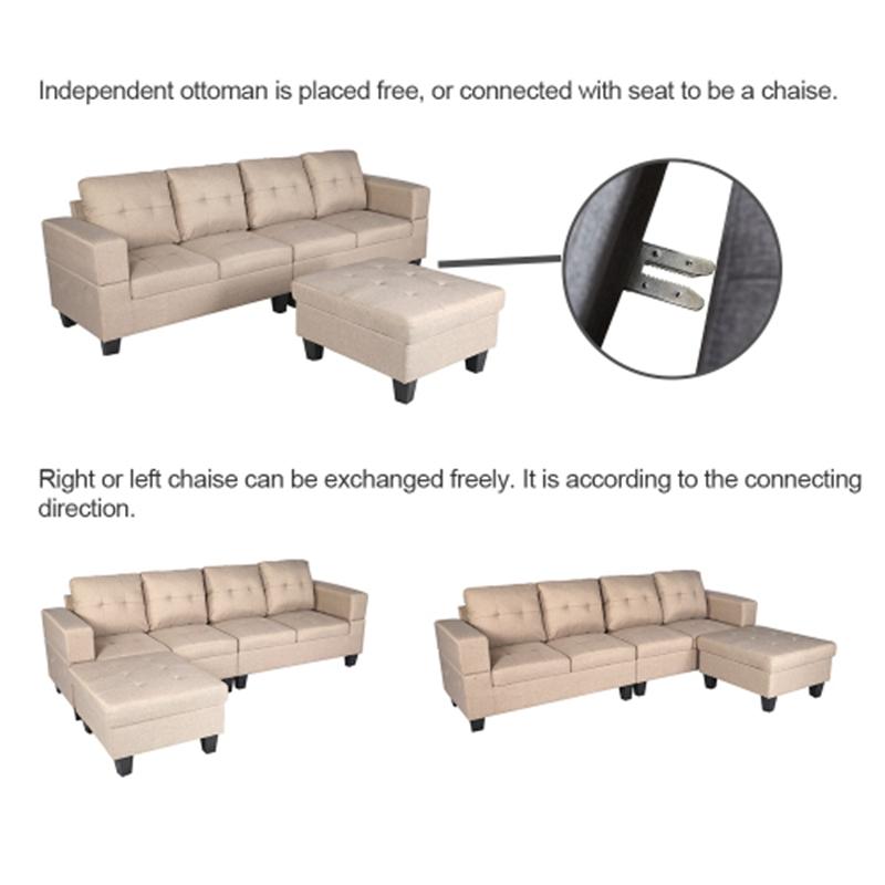 Winforce factory directly supply 98.5'' khaki modern fabric couch, L shape selctional sofa for living room with ottoman