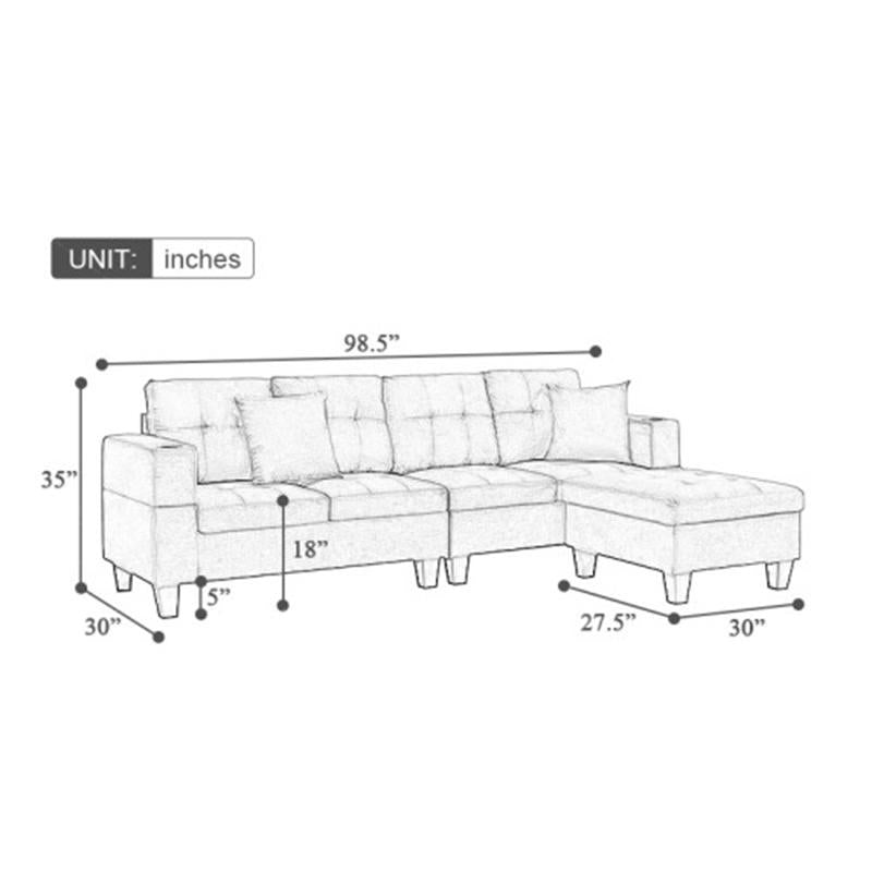 Winforce factory directly supply 98.5'' khaki modern fabric couch, L shape selctional sofa for living room with ottoman