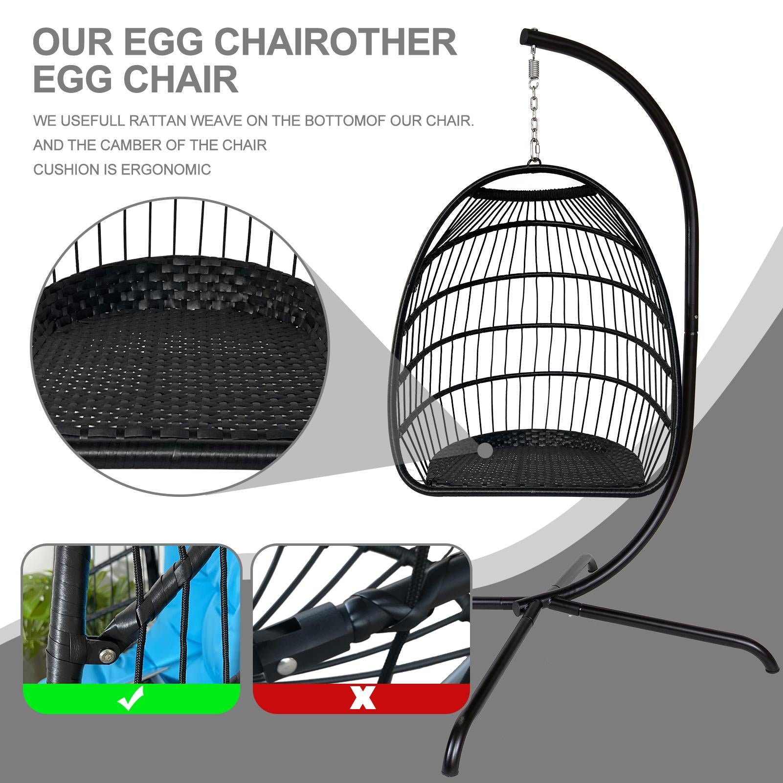 Swing Egg Chair with Stand Indoor Outdoor Rattan Basket Hanging Chair