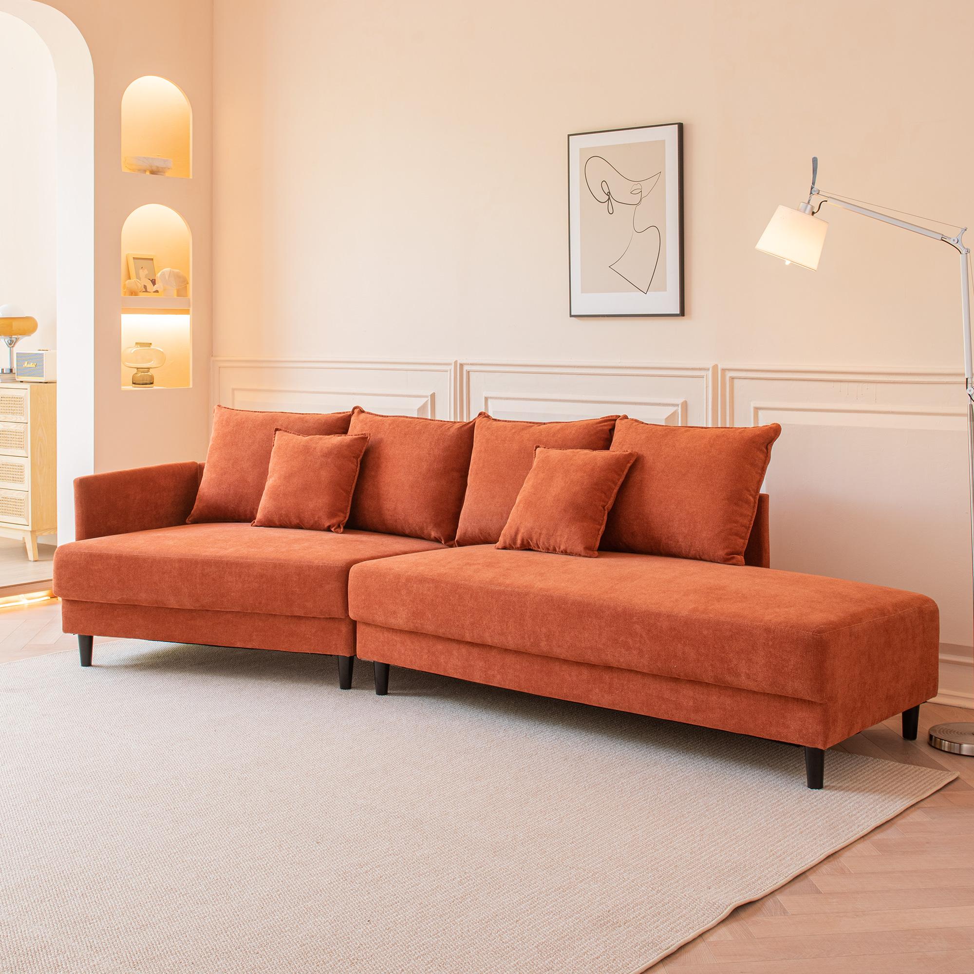 Modern Style Sectional polyester Sofa with Right Hand Facing Chaise , Orange