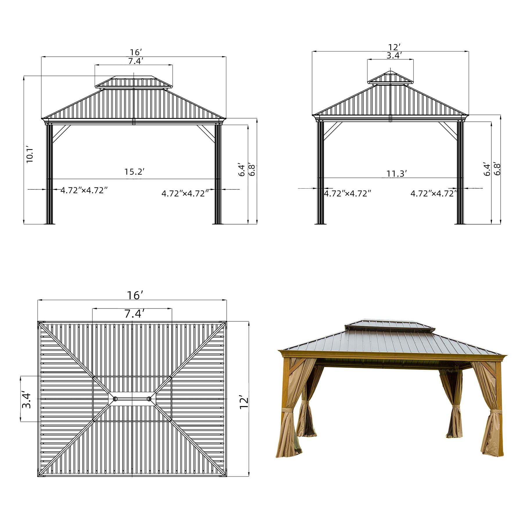 Domi Hardtop Gazebo Outdoor Aluminum Roof Canopy With Mosquito Netting and Curtains