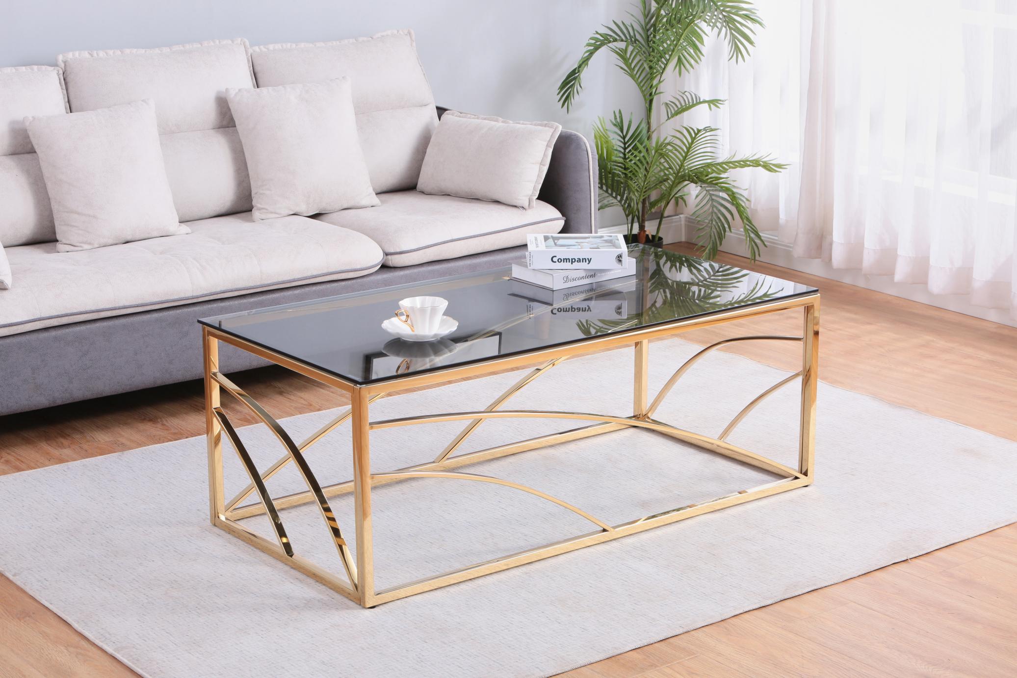 Stainless Steel Rectangular Accent Glass Coffee Table for Living Room- 46.8" Modern Sleek Center Tab