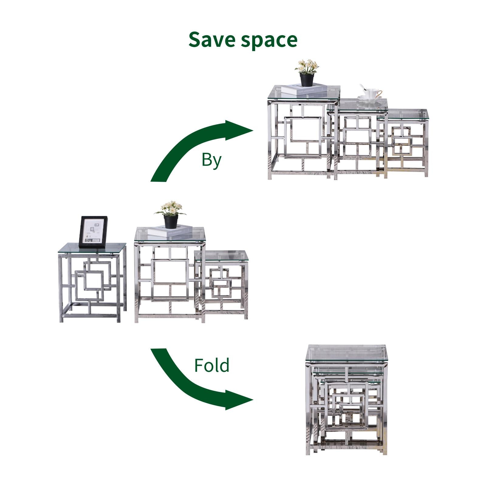 3 Pieces Silver Square Nesting Glass End Tables