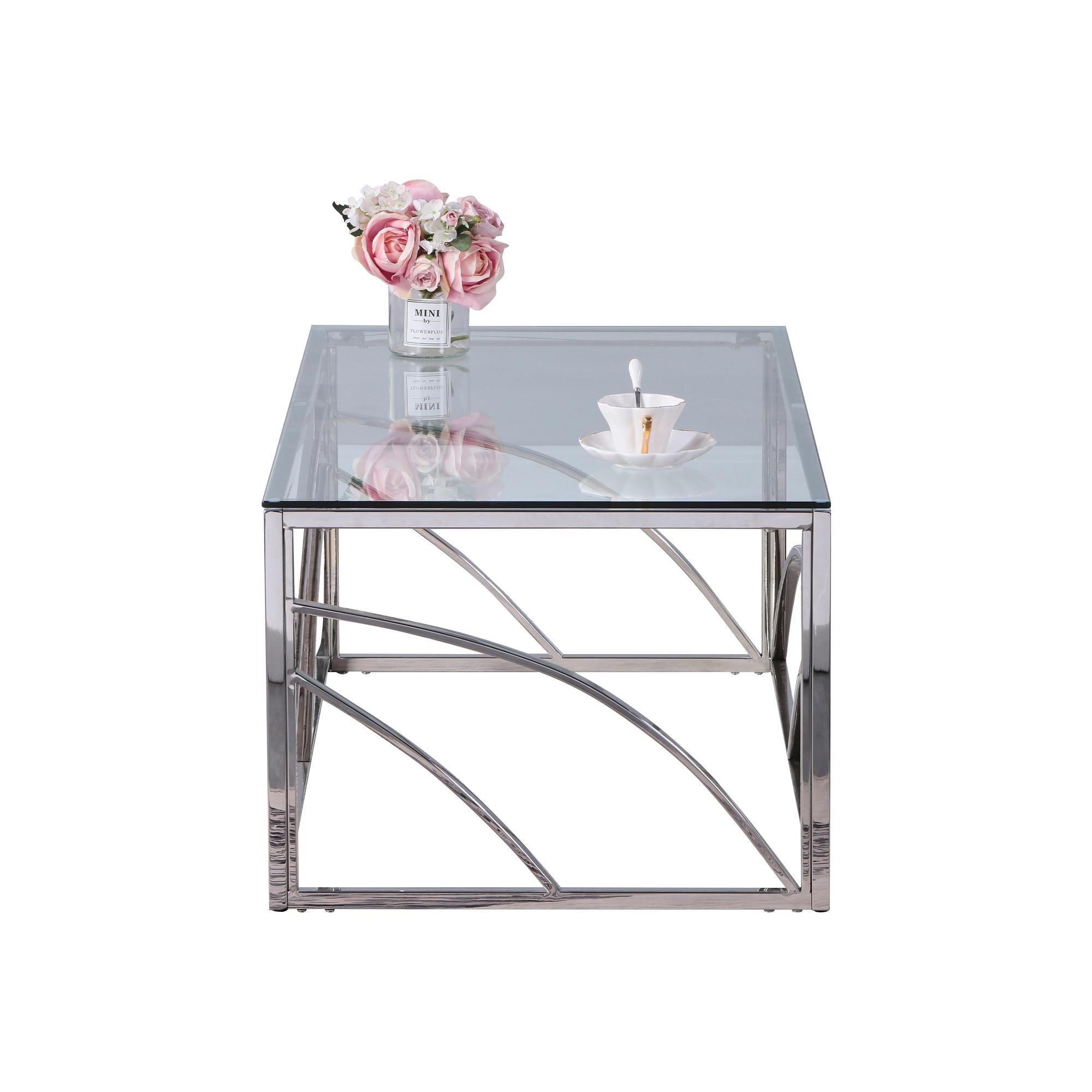 Stainless Steel Rectangular Accent Glass Coffee Table for Living Room- 46.8" Modern Sleek Center Tab