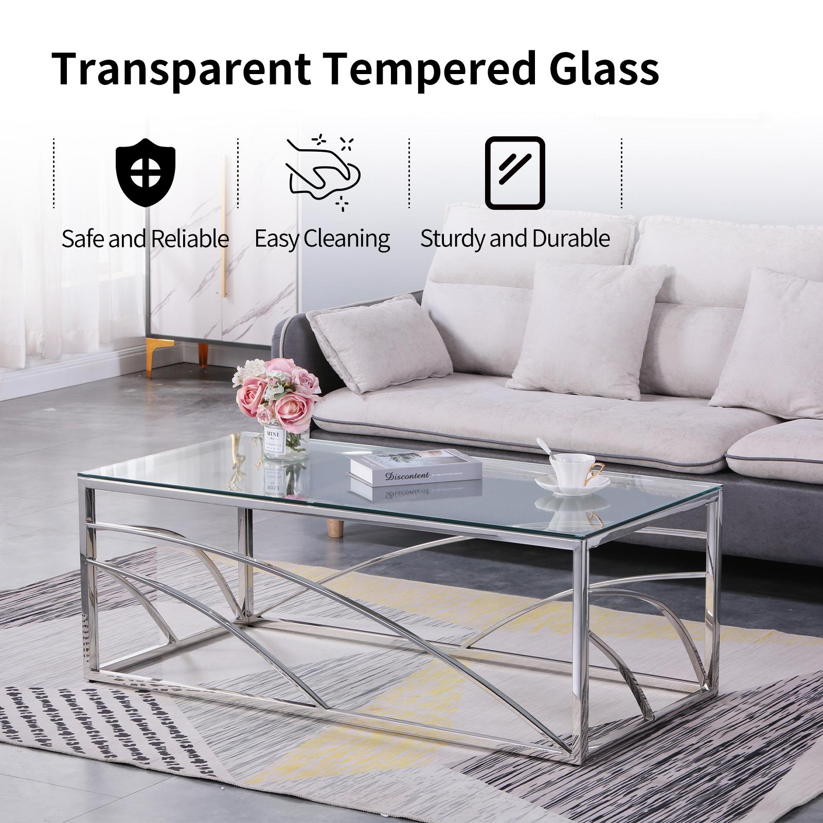 Stainless Steel Rectangular Accent Glass Coffee Table for Living Room- 46.8" Modern Sleek Center Tab