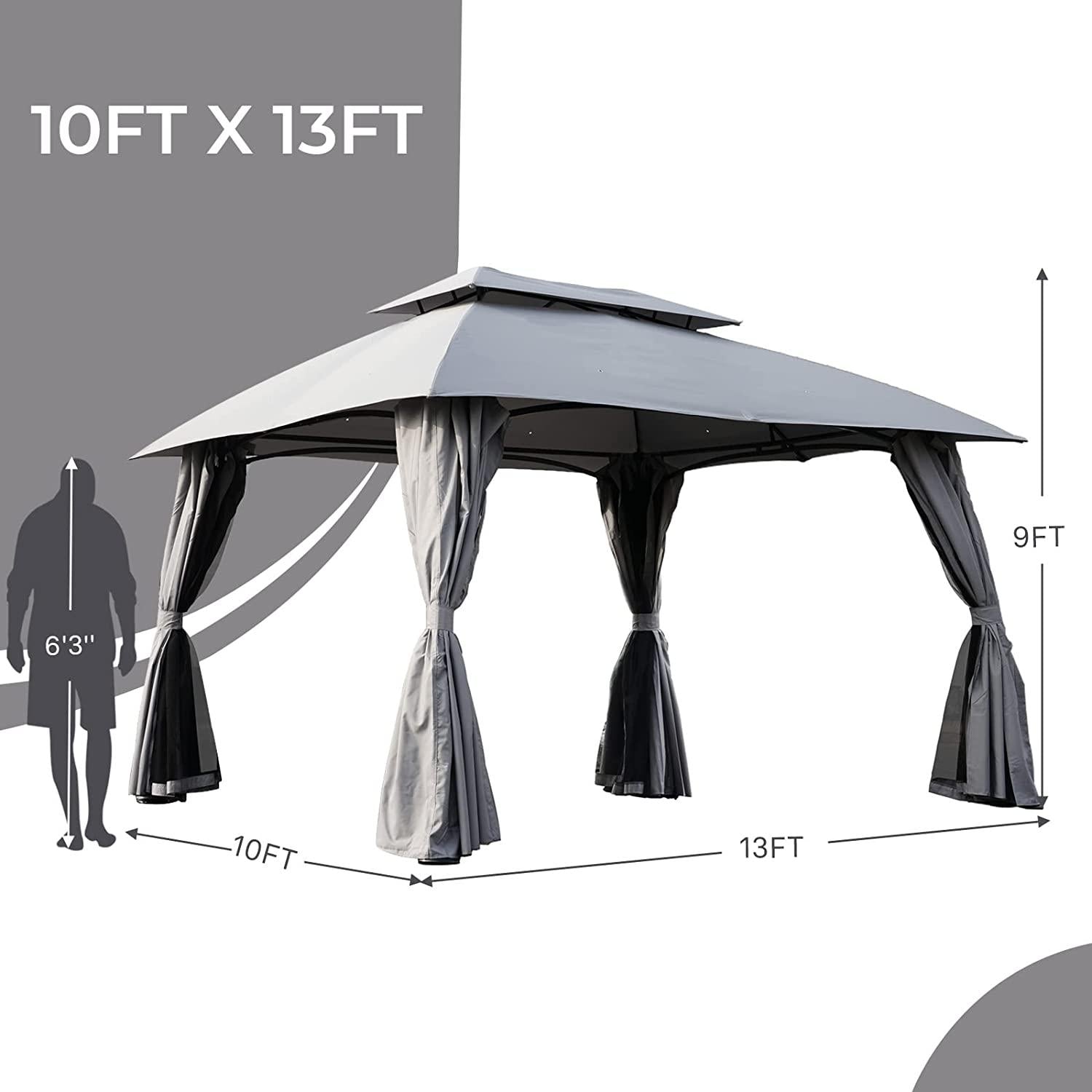 10x13 Ft  Outdoor Gazebo Canopy with Mosquito Netting and Curtains