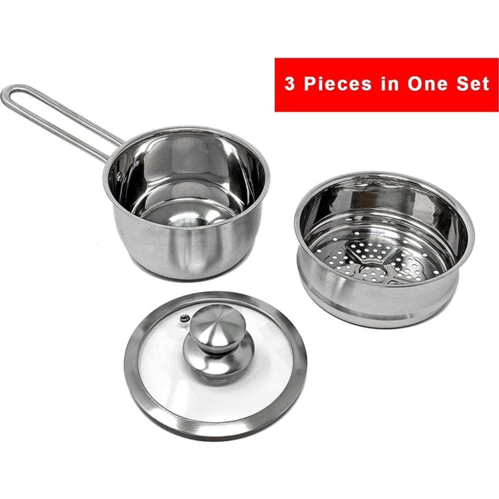 3 Pcs Stainless Steel 2QT 2-Tier Pasta Steamer Saucepan Set With Handle And Tempered Glass Lid