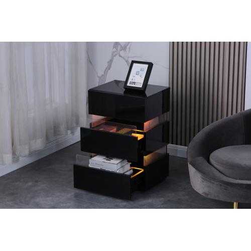 High Gloss LED Side Table, Modern Nightstands with 3 Drawer for Bedroom, Living Room, Black