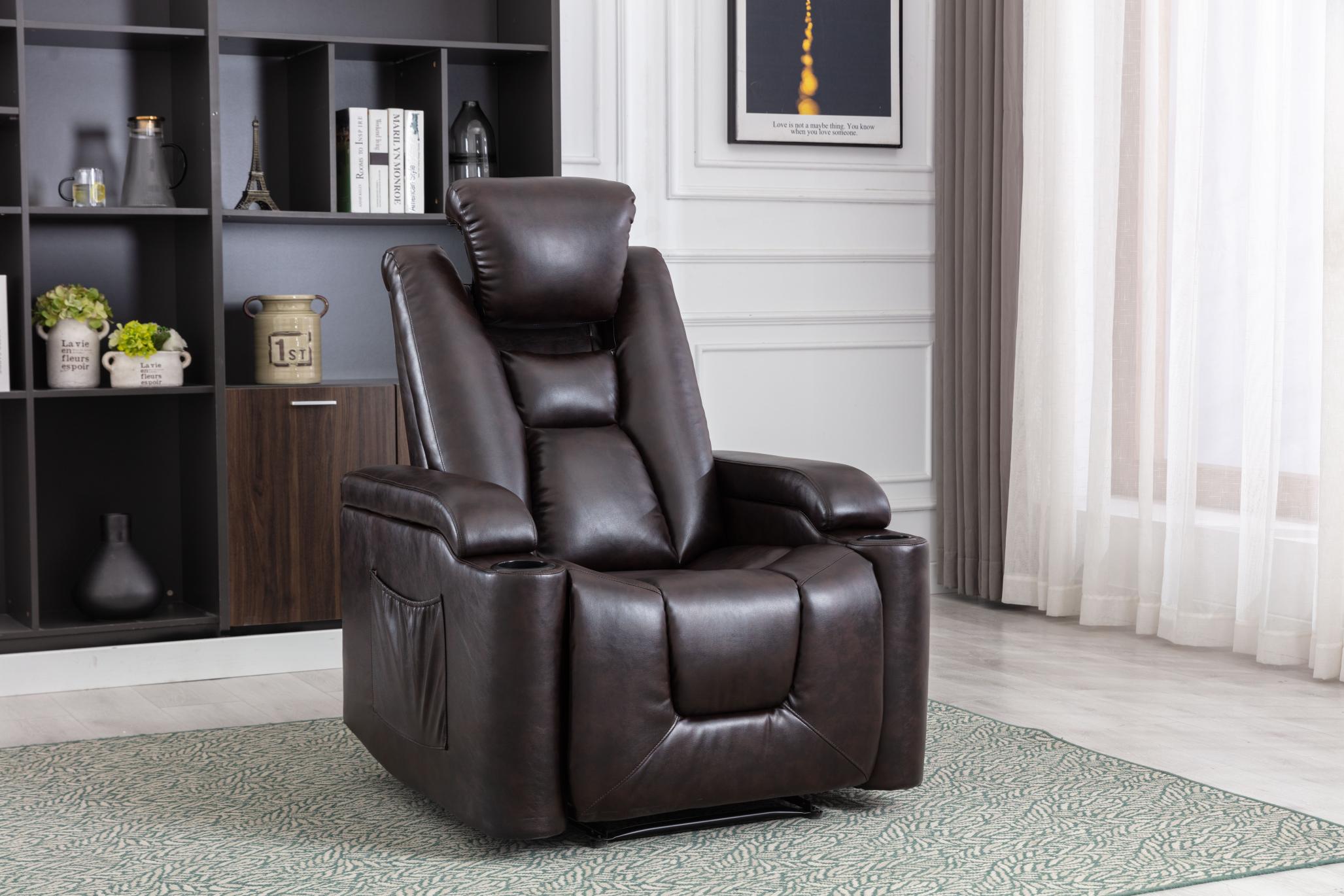 Power Recliner Chair Classic with Traditional Luxurious PU Leather luster, and Electric Headrest & two Cupholders, Sofa for living room&bed room