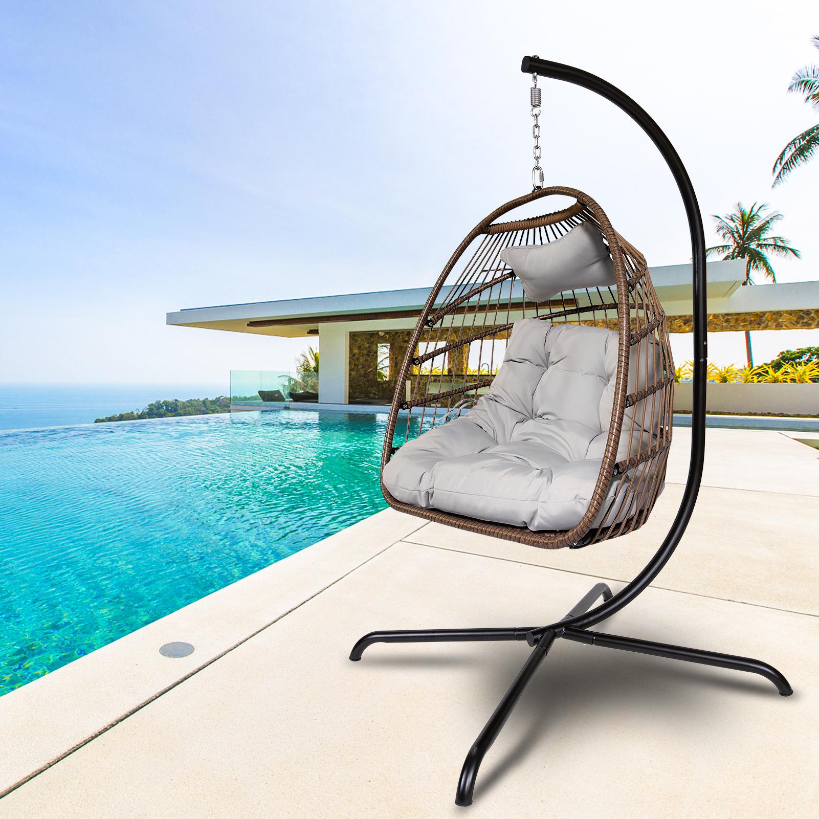 Swing Egg Chair with Stand Indoor Outdoor Rattan Basket Hanging Chair