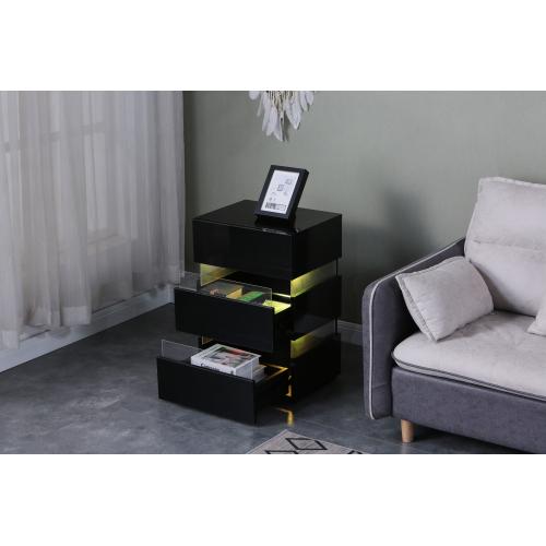 High Gloss LED Side Table, Modern Nightstands with 3 Drawer for Bedroom, Living Room, Black