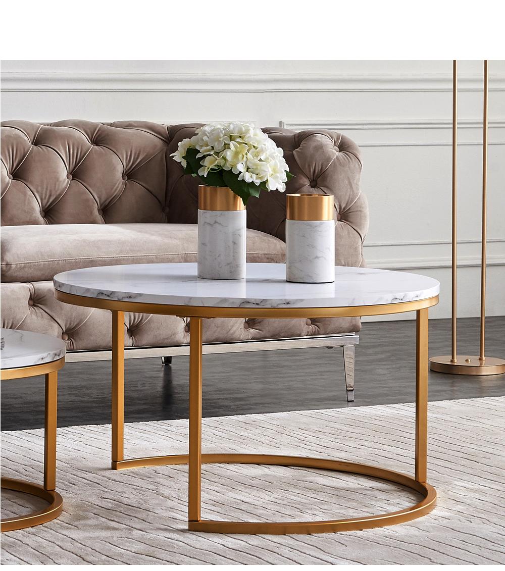 Modern Nesting coffee table,golden metal frame with marble color top-31.5"