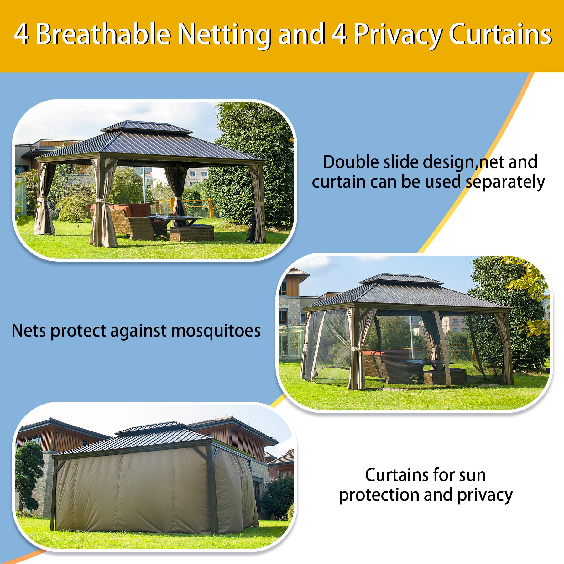 Domi Hardtop Gazebo Outdoor Aluminum Roof Canopy With Mosquito Netting and Curtains