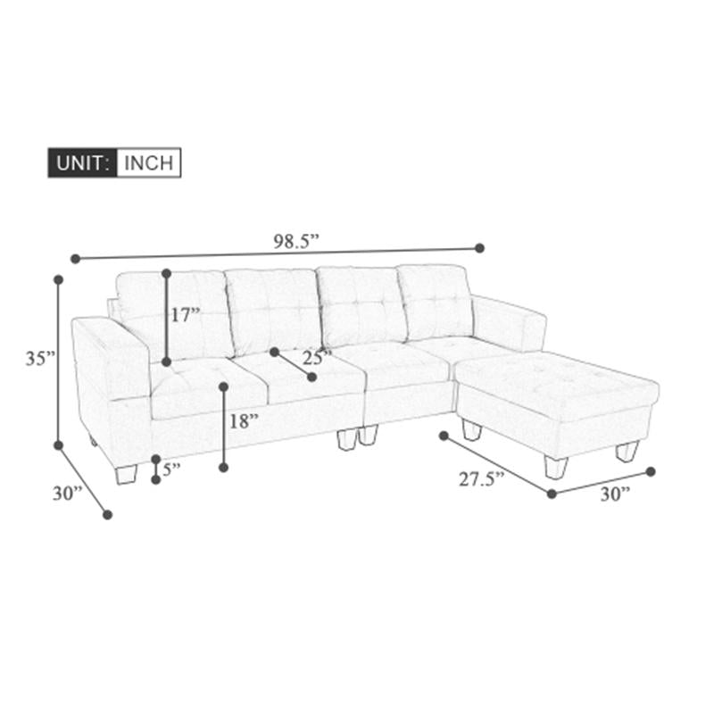 Winforce factory directly supply 98.5'' khaki modern fabric couch, L shape selctional sofa for living room with ottoman