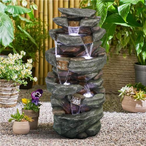 40.5inches High Rocks Outdoor Water Fountain with LED Lights