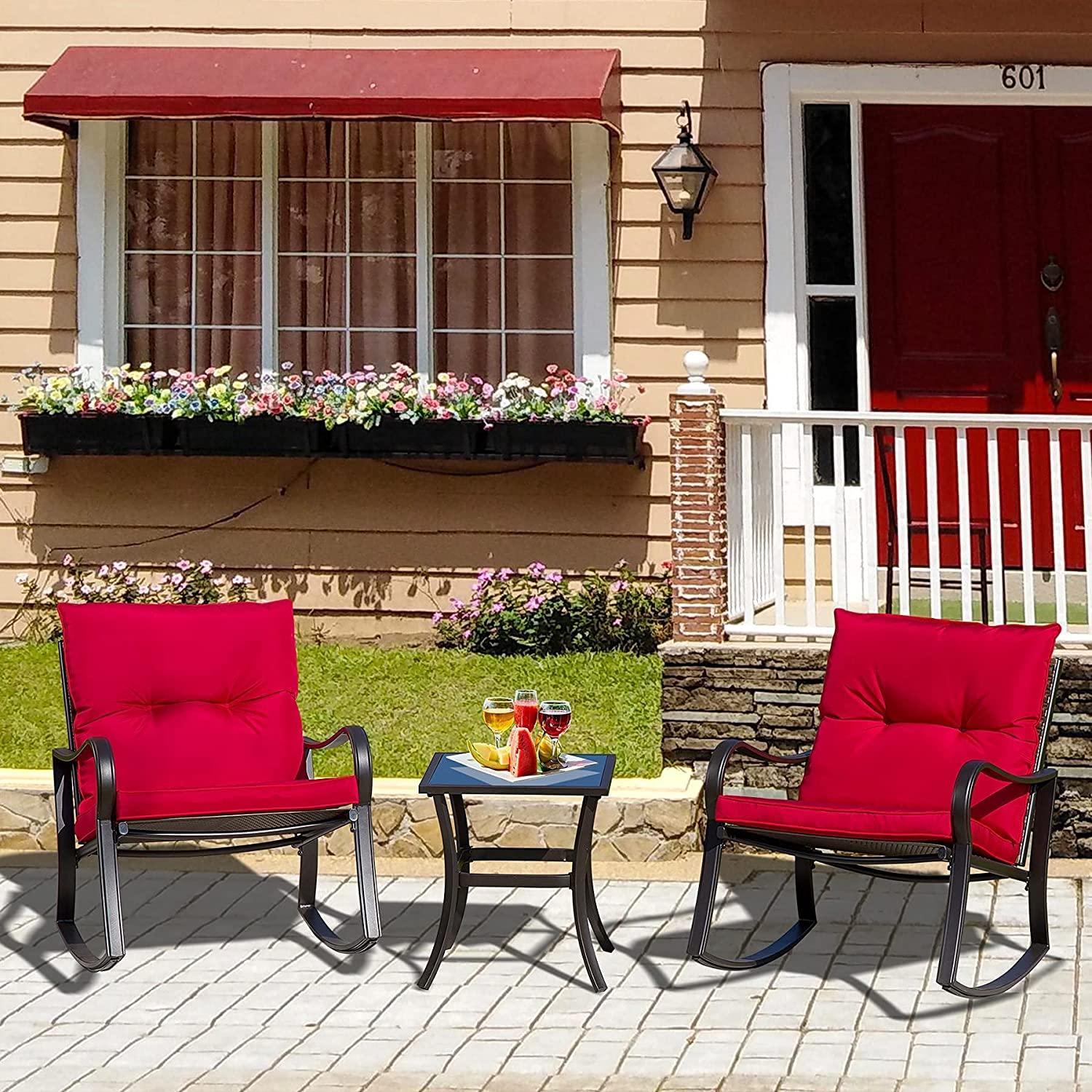 3 Piece Rocking Chair Patio Bistro Set Balcony Chairs Iron Conversation Sets With Coffee Table