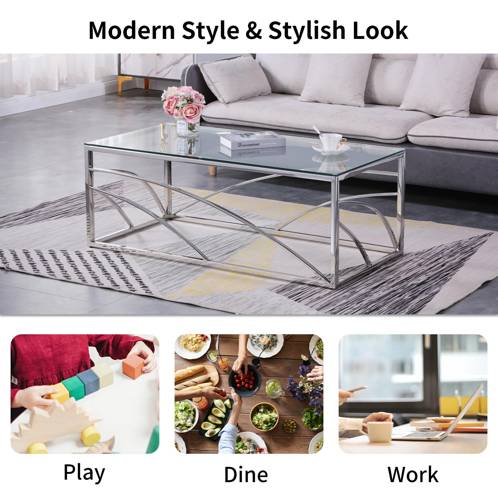 Stainless Steel Rectangular Accent Glass Coffee Table for Living Room- 46.8" Modern Sleek Center Tab