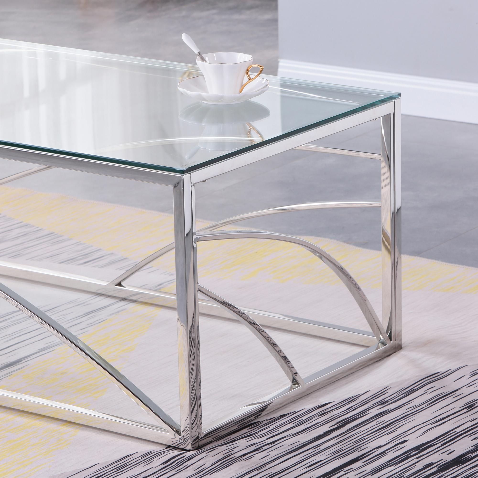 Stainless Steel Rectangular Accent Glass Coffee Table for Living Room- 46.8" Modern Sleek Center Tab