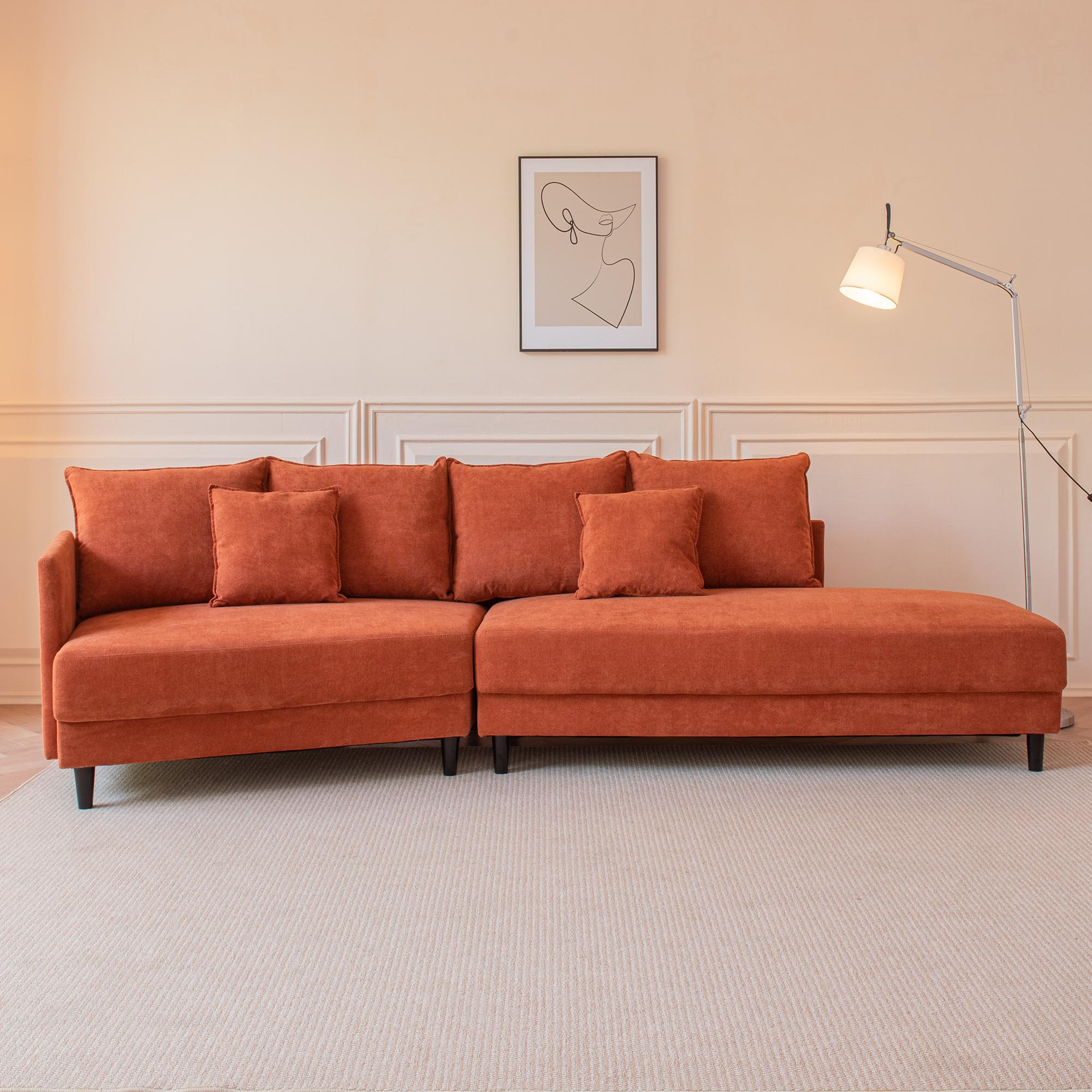 Modern Style Sectional polyester Sofa with Right Hand Facing Chaise , Orange