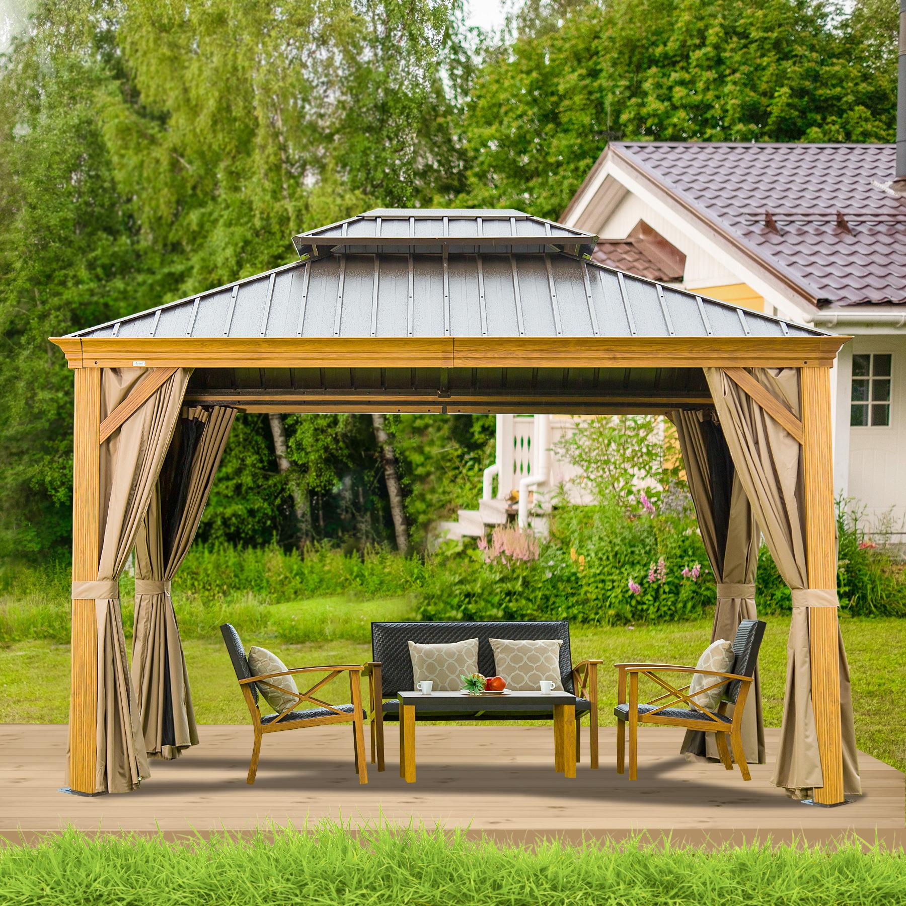 Domi Hardtop Gazebo Outdoor Aluminum Roof Canopy With Mosquito Netting and Curtains