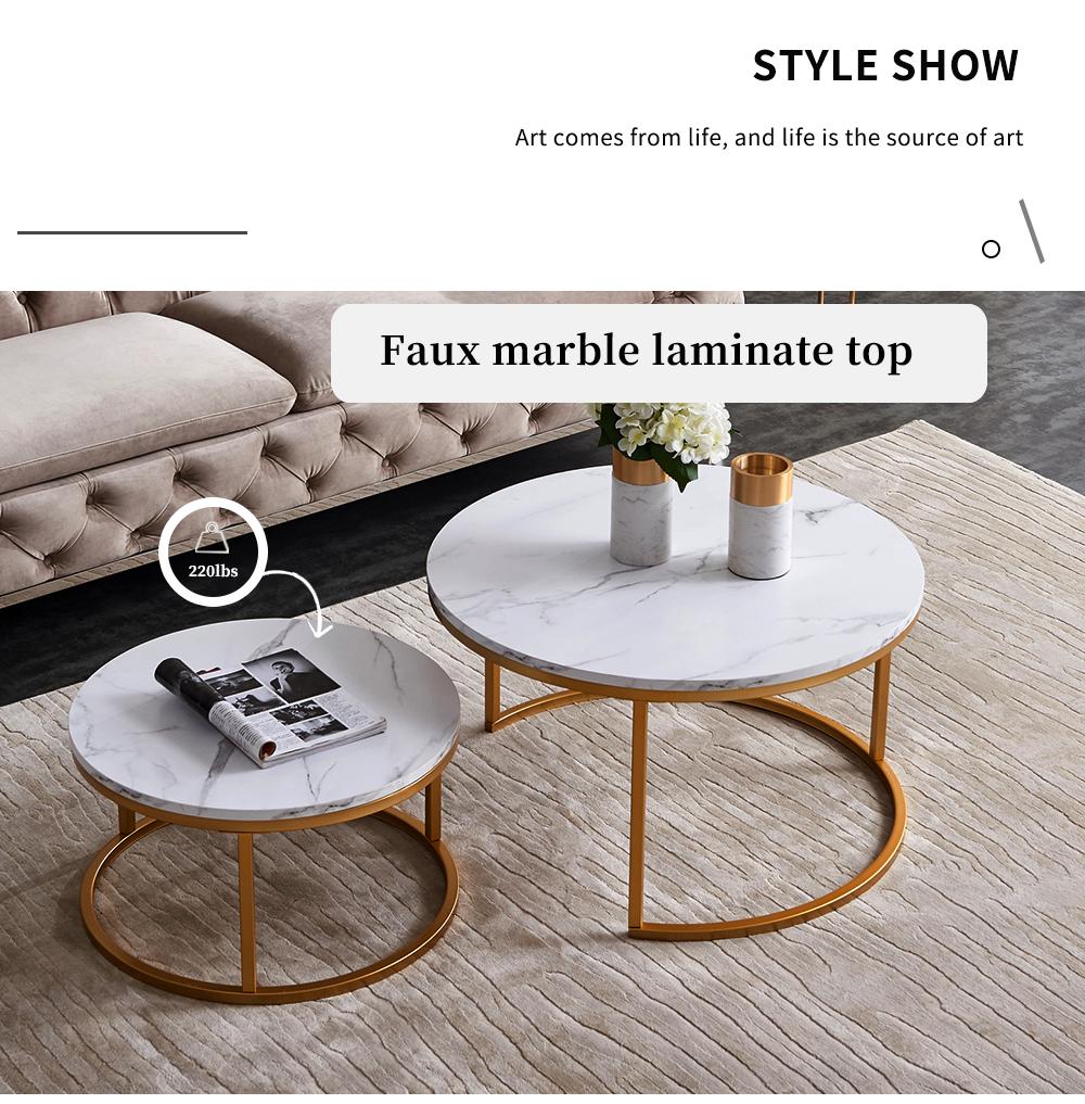 Modern Nesting coffee table,golden metal frame with marble color top-31.5"