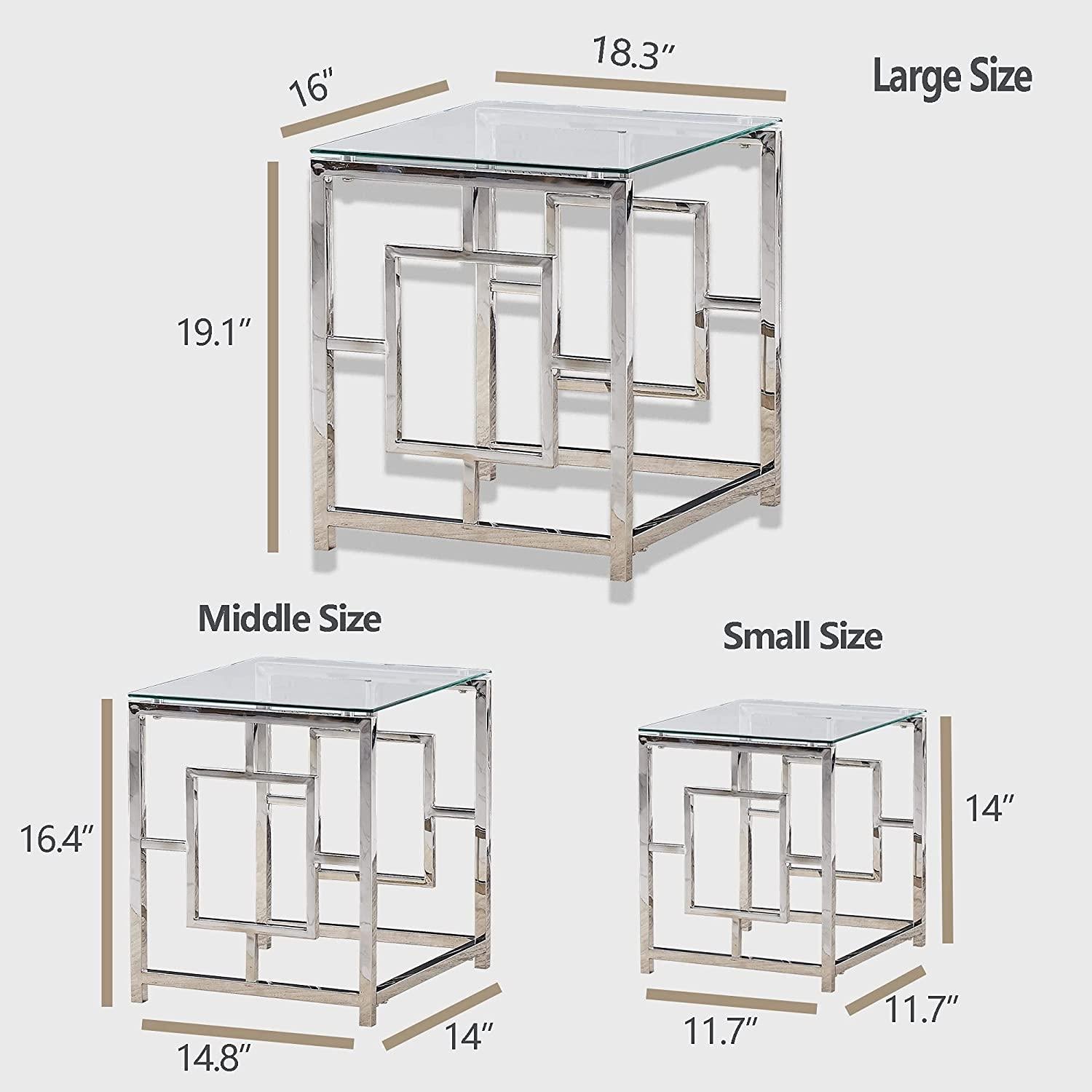 3 Pieces Silver Square Nesting Glass End Tables