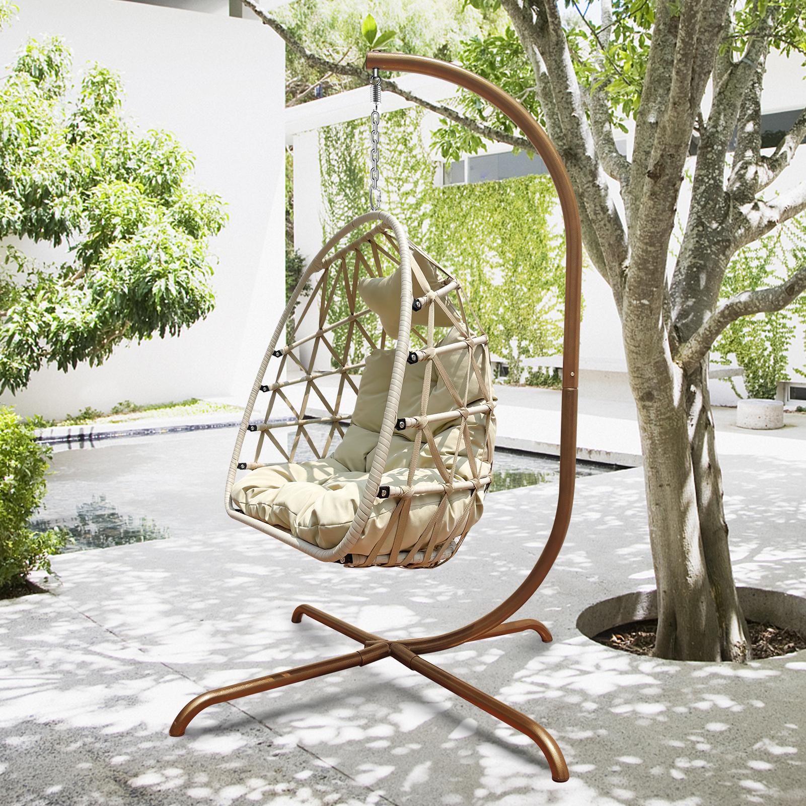 Swing Egg Chair with Stand Indoor Outdoor Rattan Basket Hanging Chair