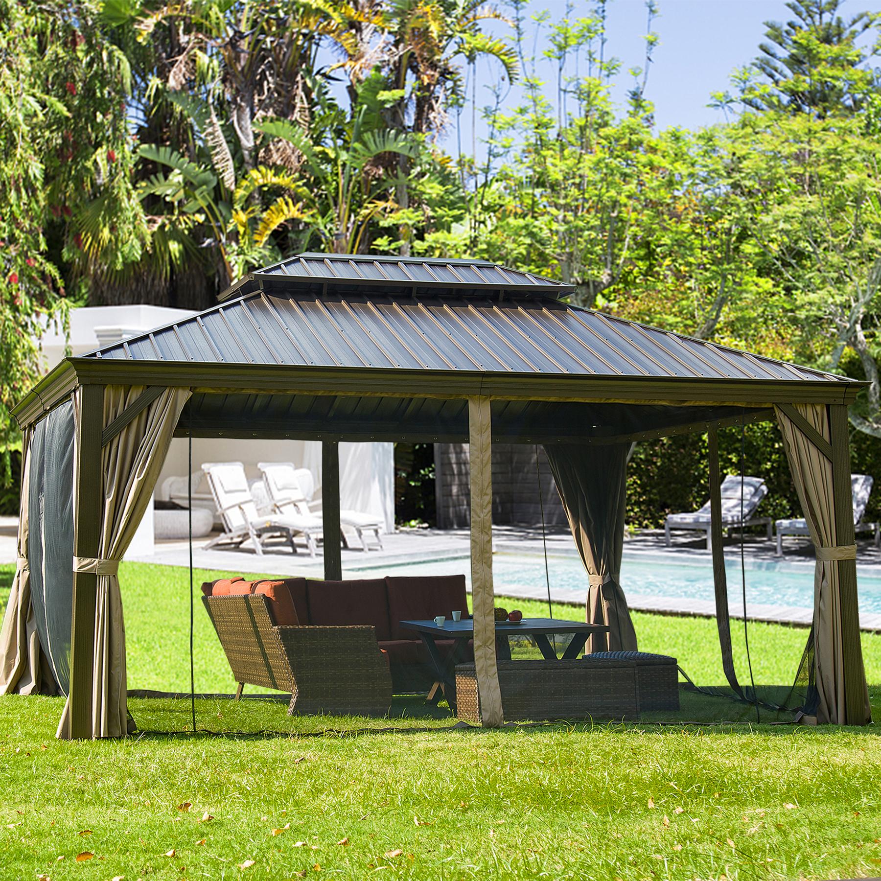 Domi Hardtop Gazebo Outdoor Aluminum Roof Canopy With Mosquito Netting and Curtains