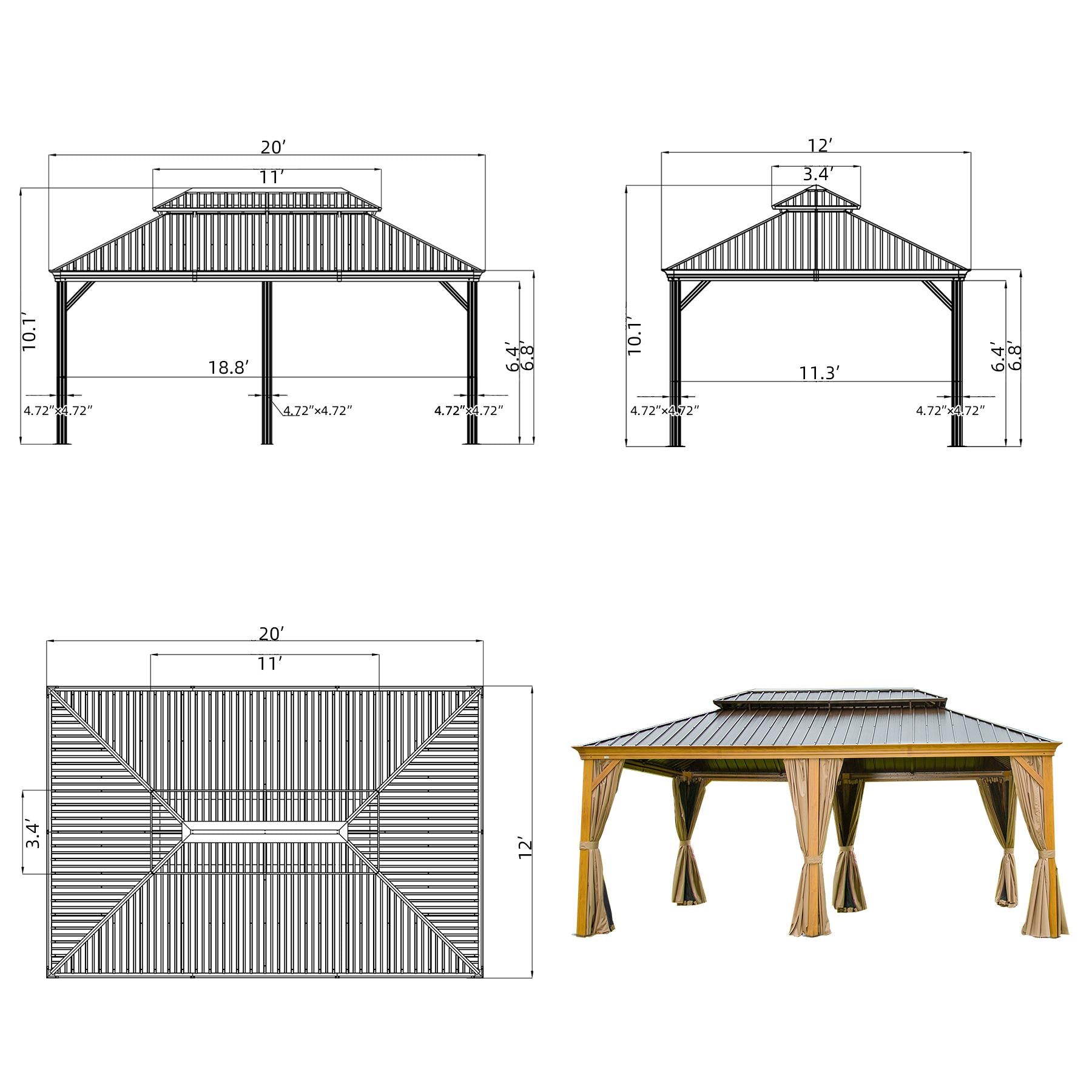 Domi Hardtop Gazebo Outdoor Aluminum Roof Canopy With Mosquito Netting and Curtains