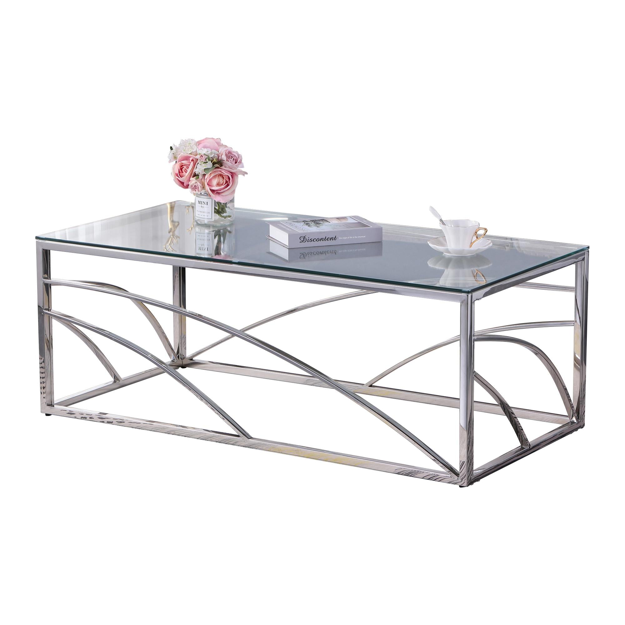 Stainless Steel Rectangular Accent Glass Coffee Table for Living Room- 46.8" Modern Sleek Center Tab