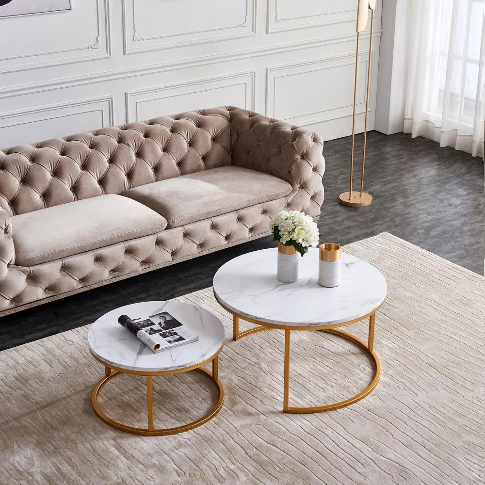 Modern Nesting coffee table,golden metal frame with marble color top-31.5"