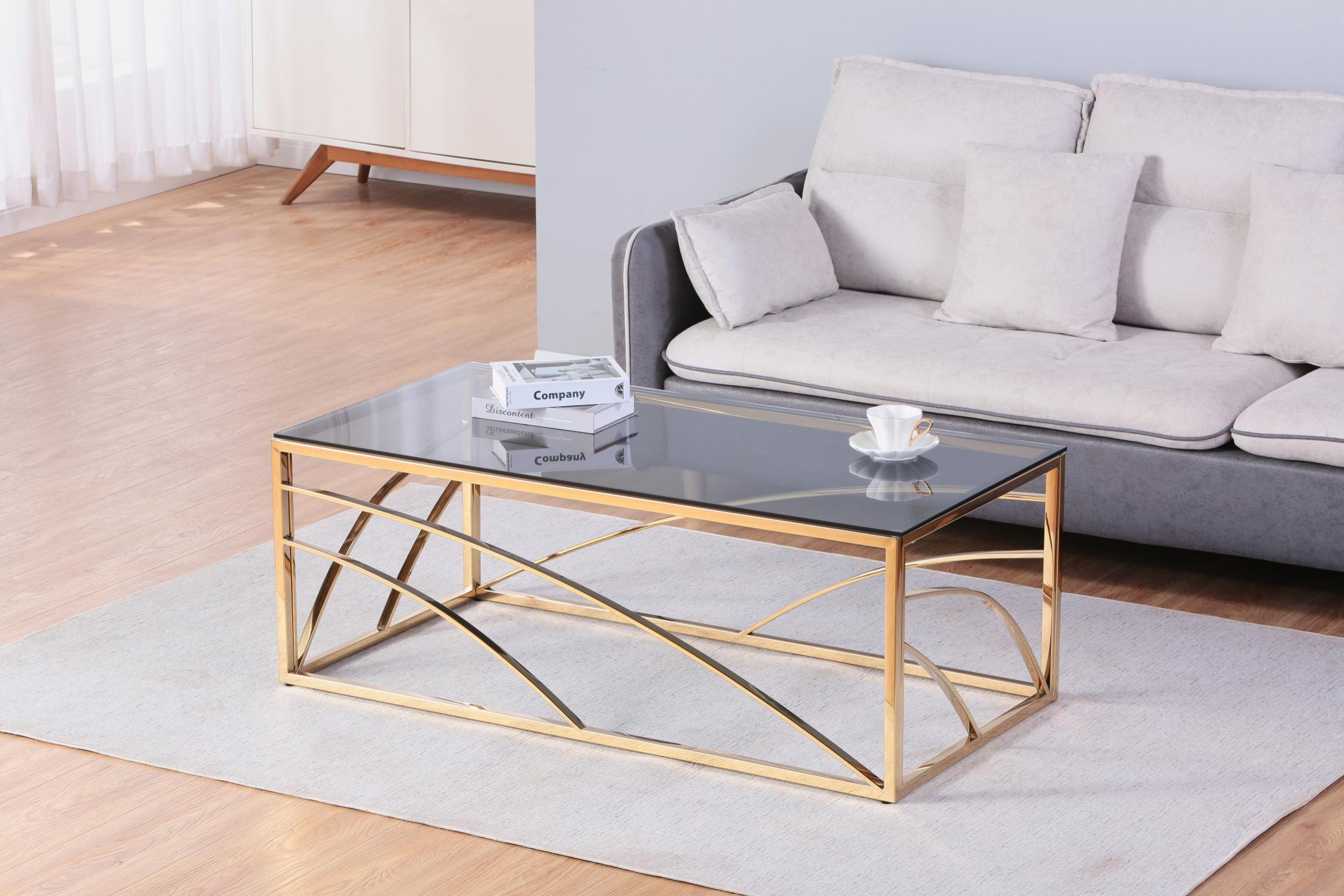 Stainless Steel Rectangular Accent Glass Coffee Table for Living Room- 46.8" Modern Sleek Center Tab