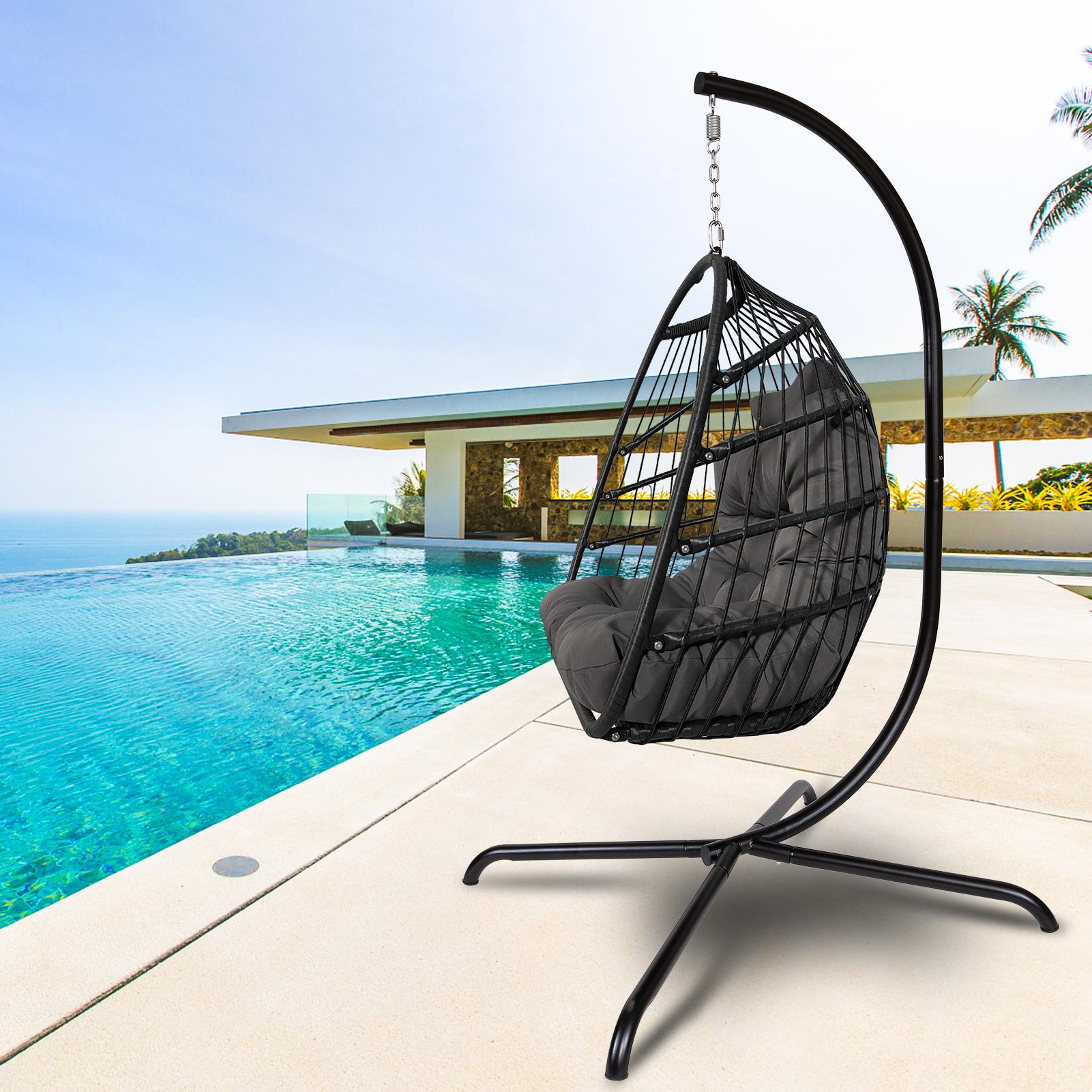 Swing Egg Chair with Stand Indoor Outdoor Rattan Basket Hanging Chair