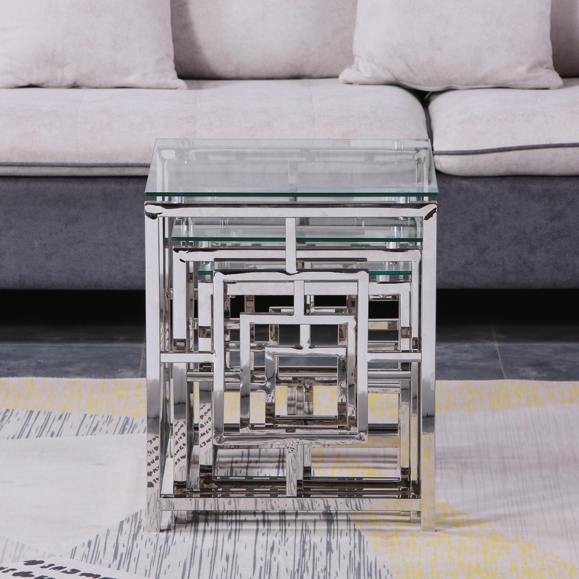 3 Pieces Silver Square Nesting Glass End Tables