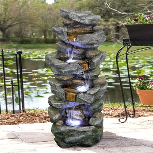 40inches High Stacked Simulated Rock Water Fountain with LED Lights