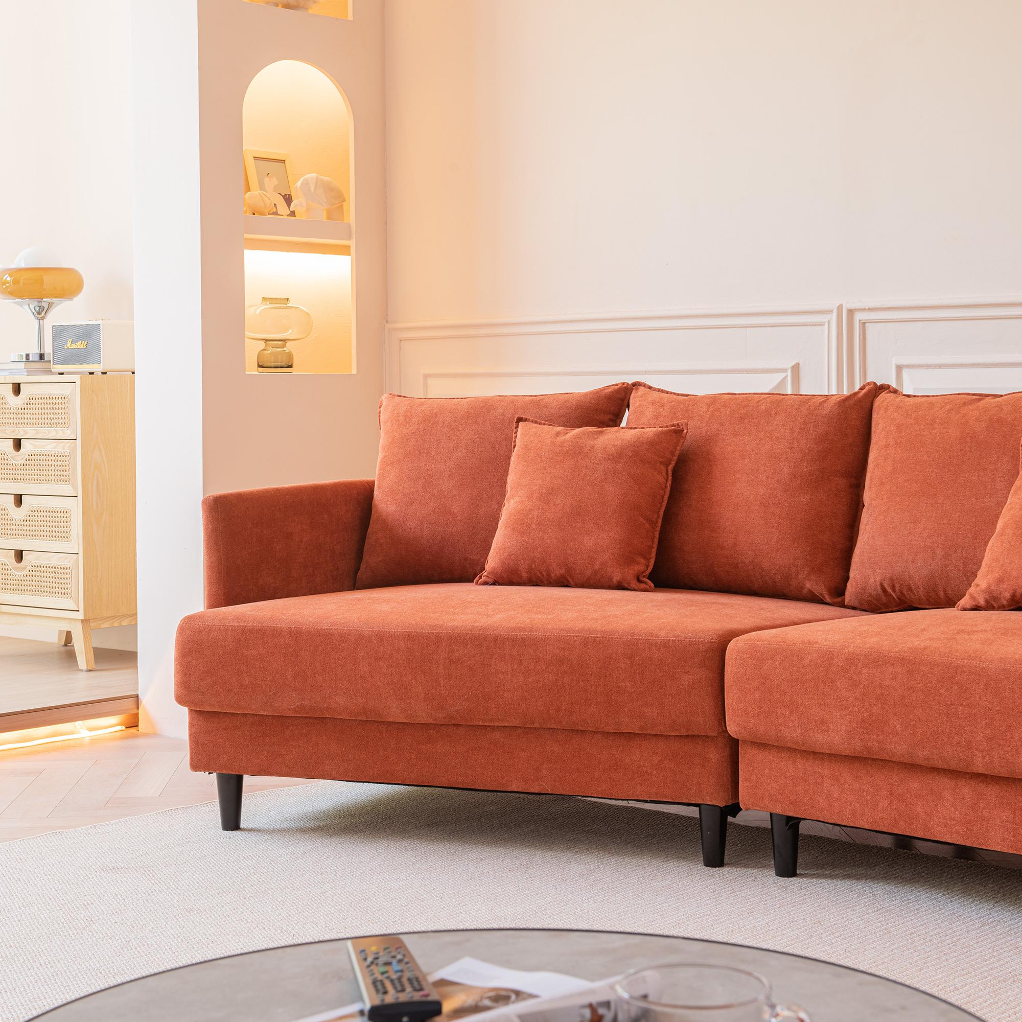 Modern Style Sectional polyester Sofa with Right Hand Facing Chaise , Orange