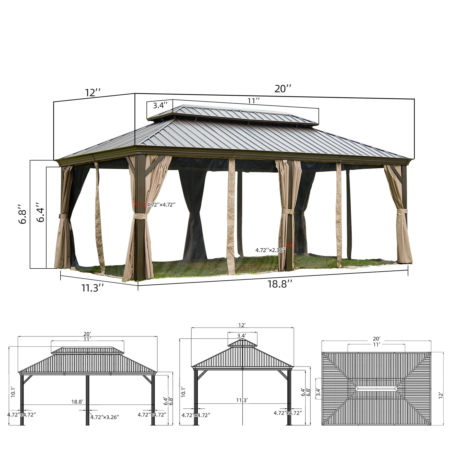 Domi Hardtop Gazebo Outdoor Aluminum Roof Canopy With Mosquito Netting and Curtains