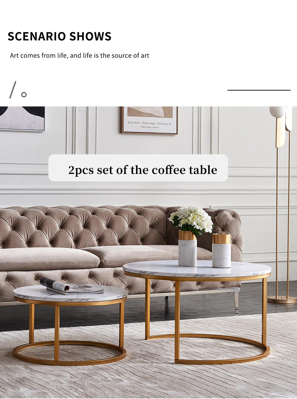 Modern Nesting coffee table,golden metal frame with marble color top-31.5"