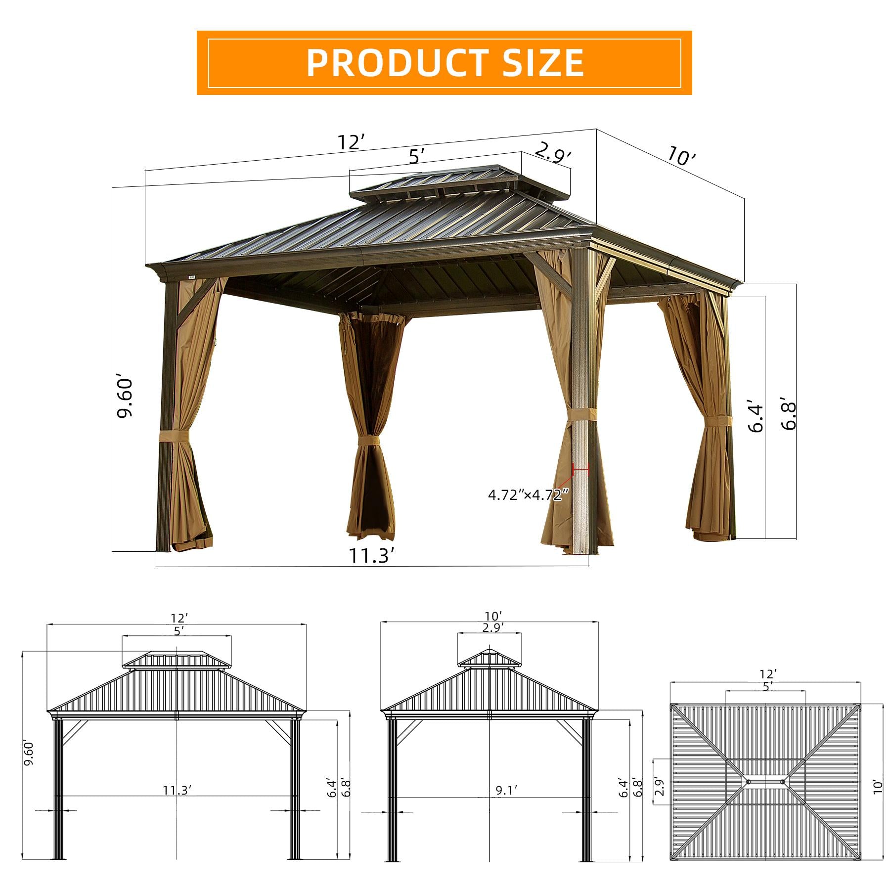 Domi Hardtop Gazebo Outdoor Aluminum Roof Canopy With Mosquito Netting and Curtains