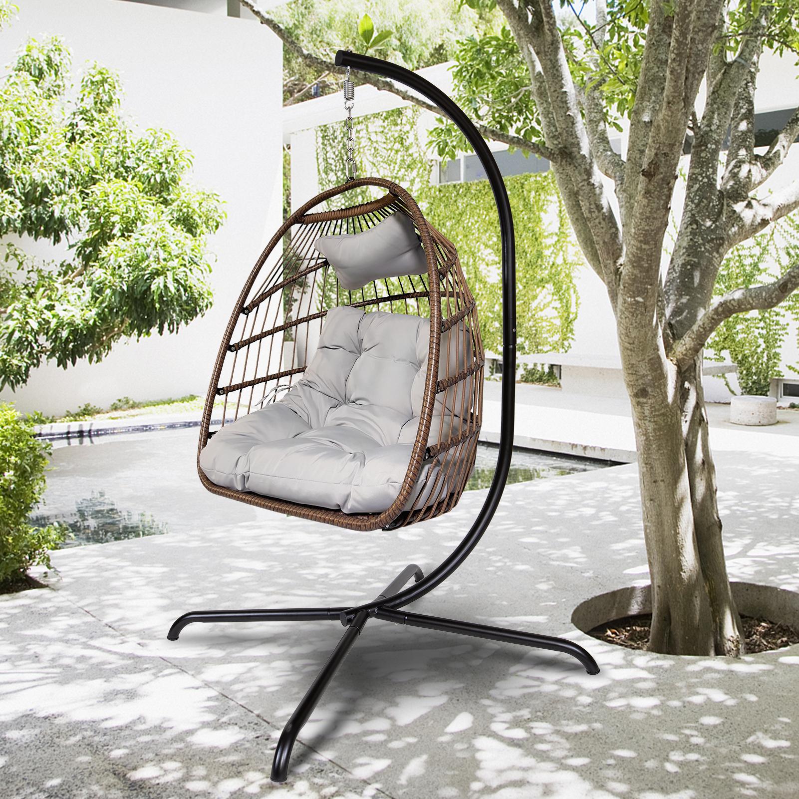 Swing Egg Chair with Stand Indoor Outdoor Rattan Basket Hanging Chair