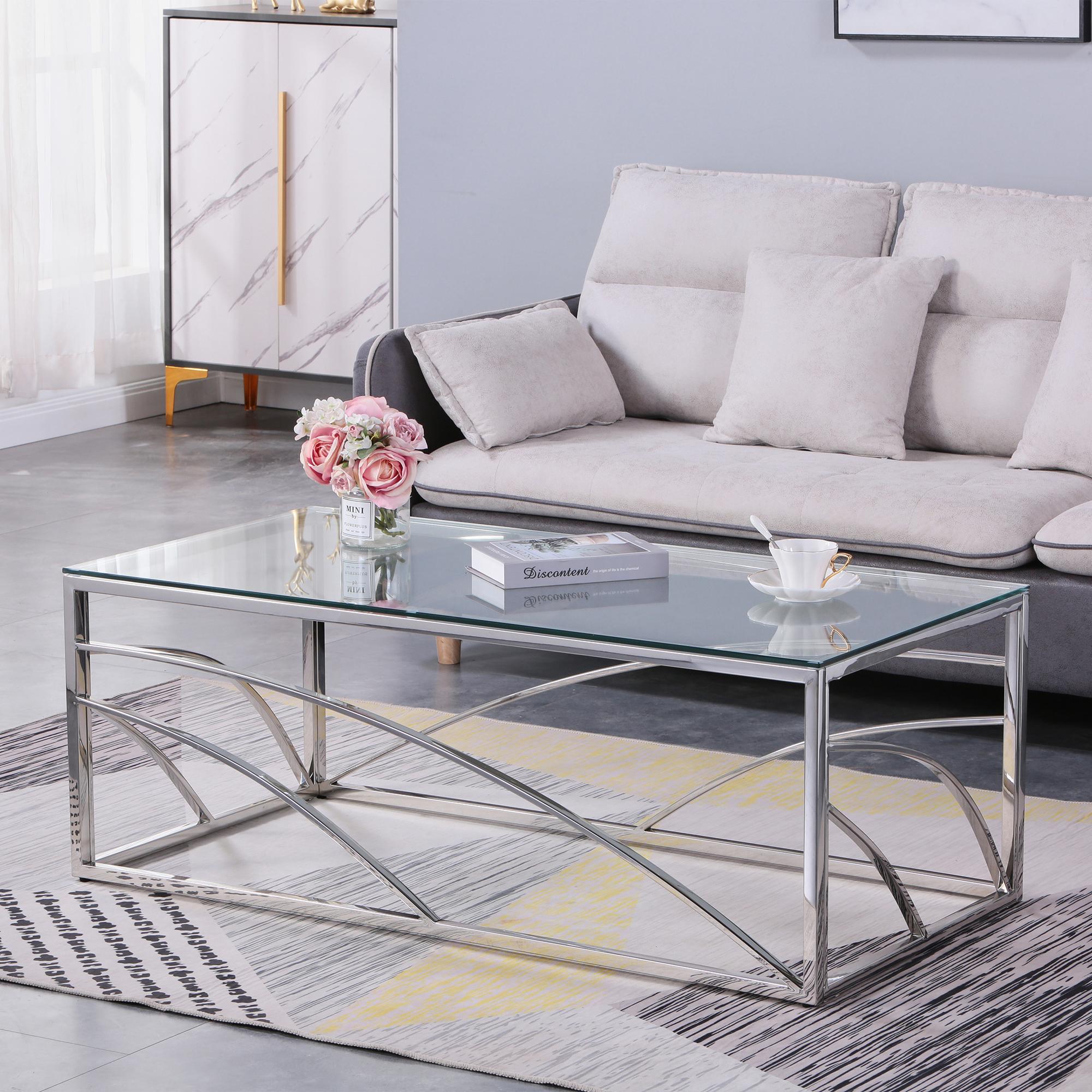 Stainless Steel Rectangular Accent Glass Coffee Table for Living Room- 46.8" Modern Sleek Center Tab