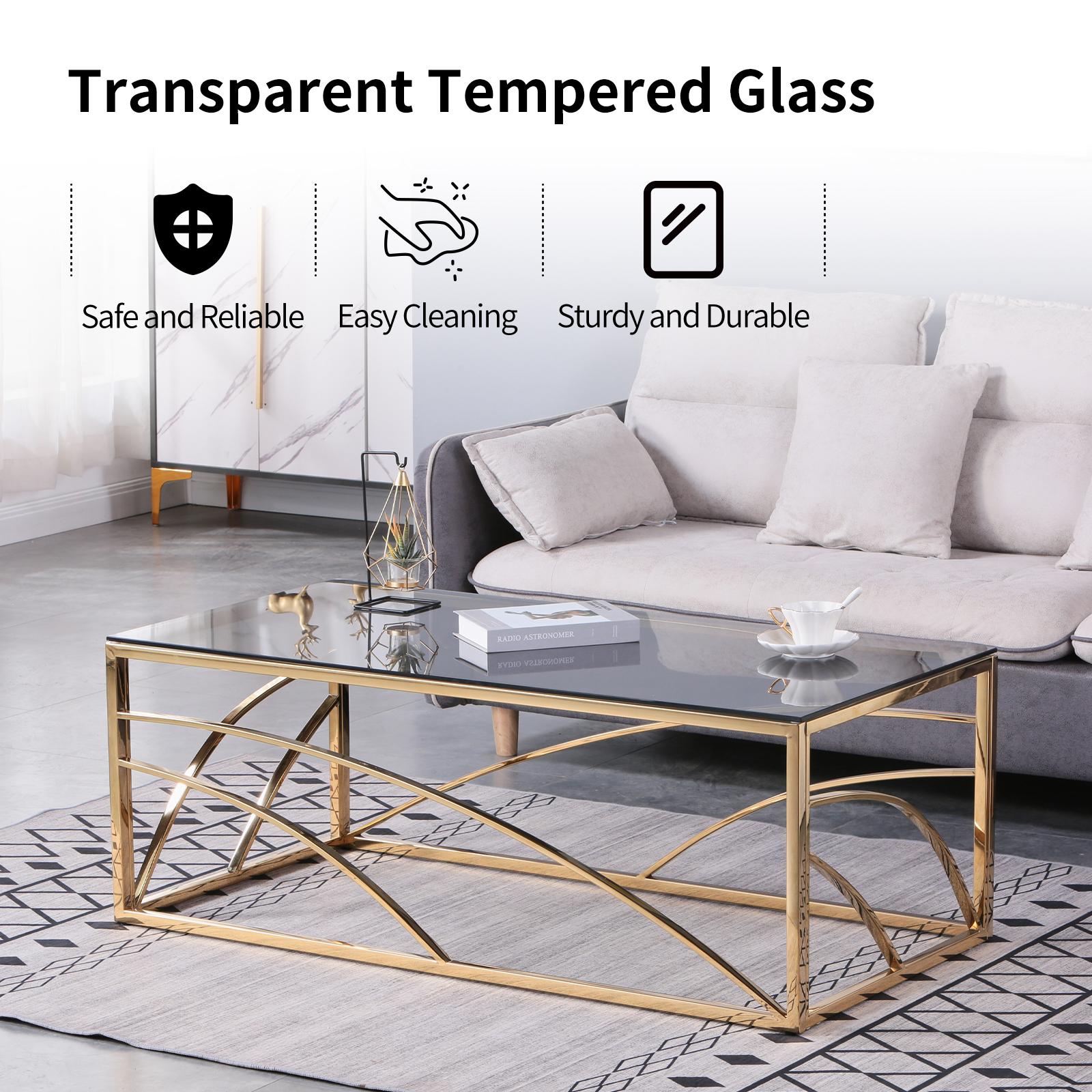 Stainless Steel Rectangular Accent Glass Coffee Table for Living Room- 46.8" Modern Sleek Center Tab