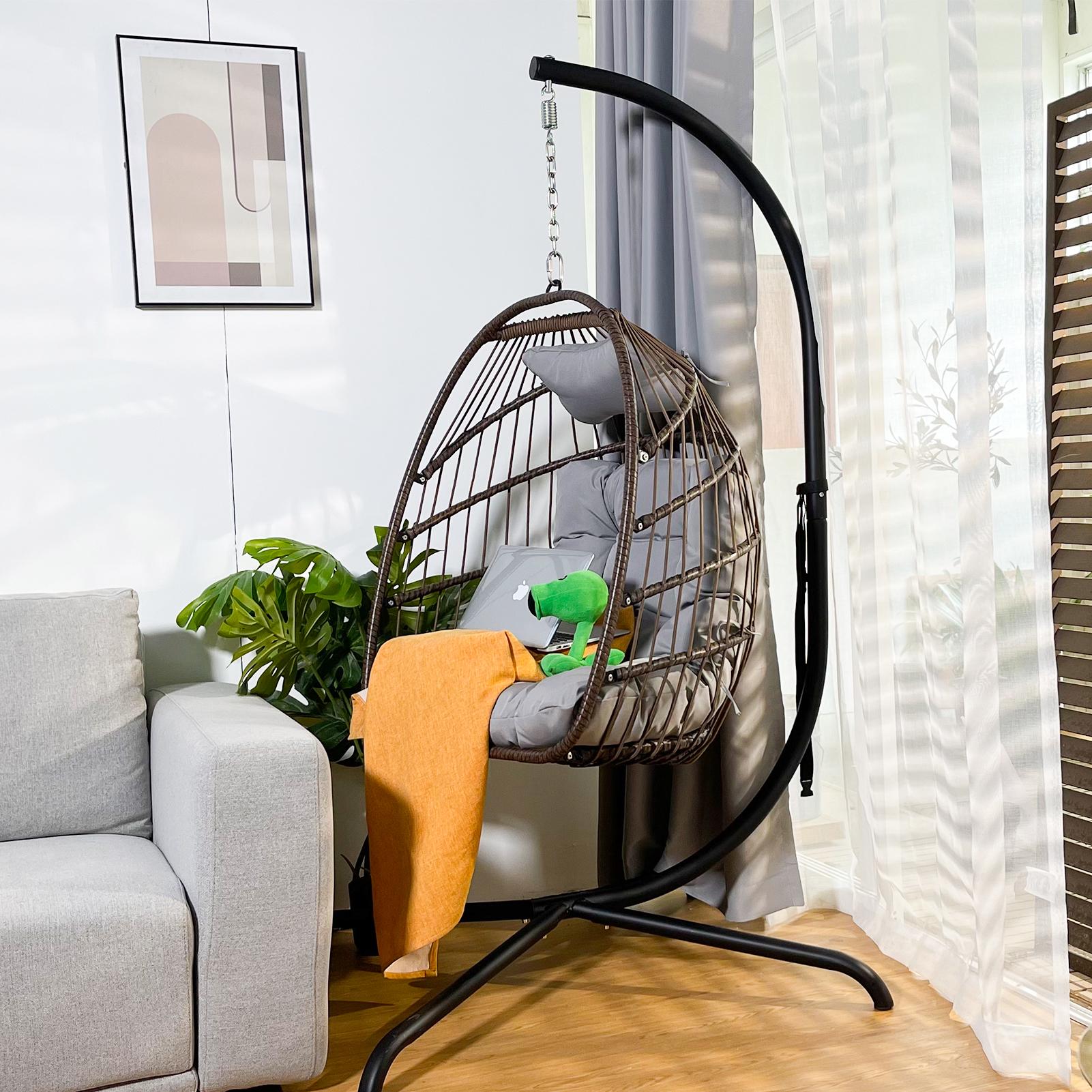 Swing Egg Chair with Stand Indoor Outdoor Rattan Basket Hanging Chair