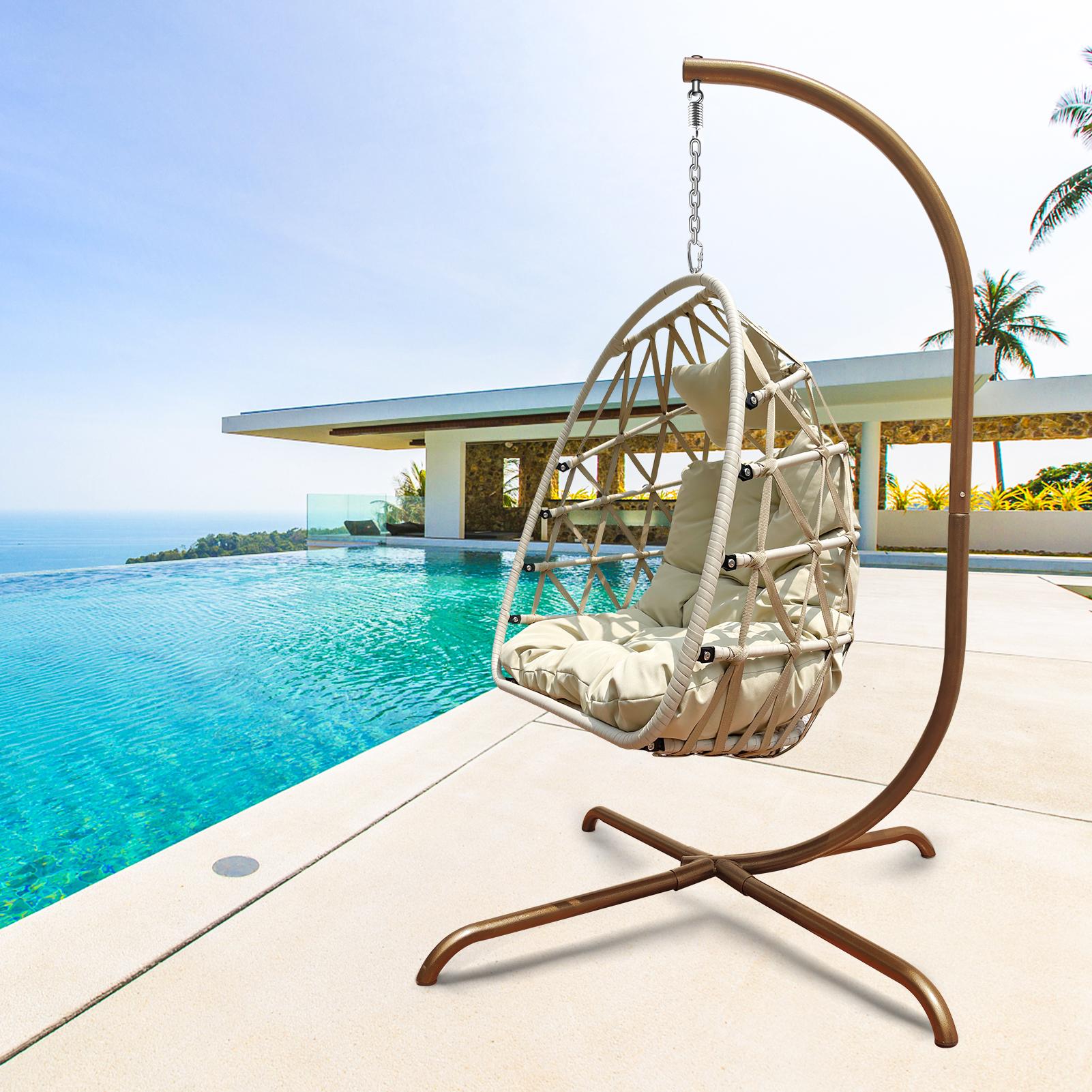 Swing Egg Chair with Stand Indoor Outdoor Rattan Basket Hanging Chair