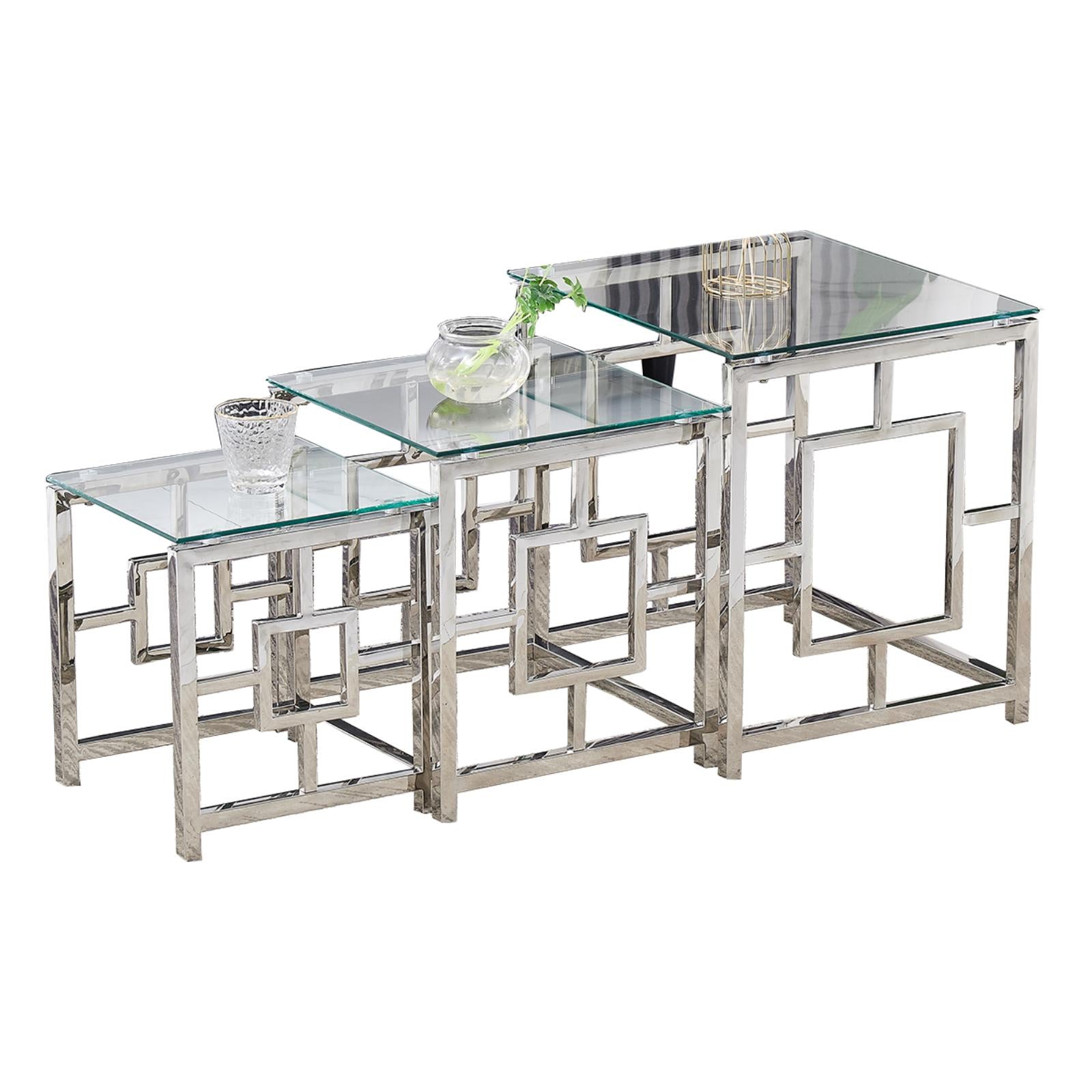 3 Pieces Silver Square Nesting Glass End Tables