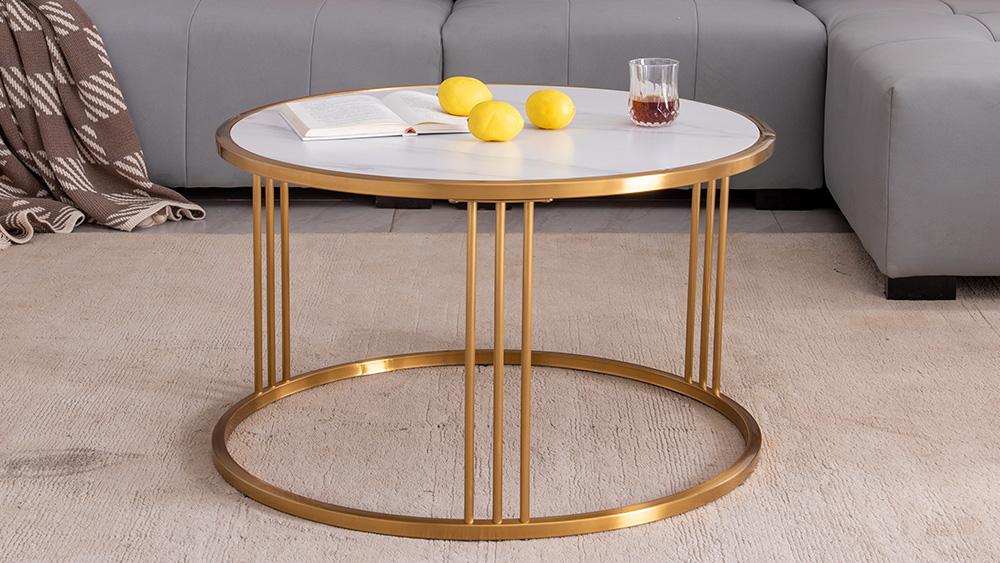 Slate round coffee table with golden stainless steel frame