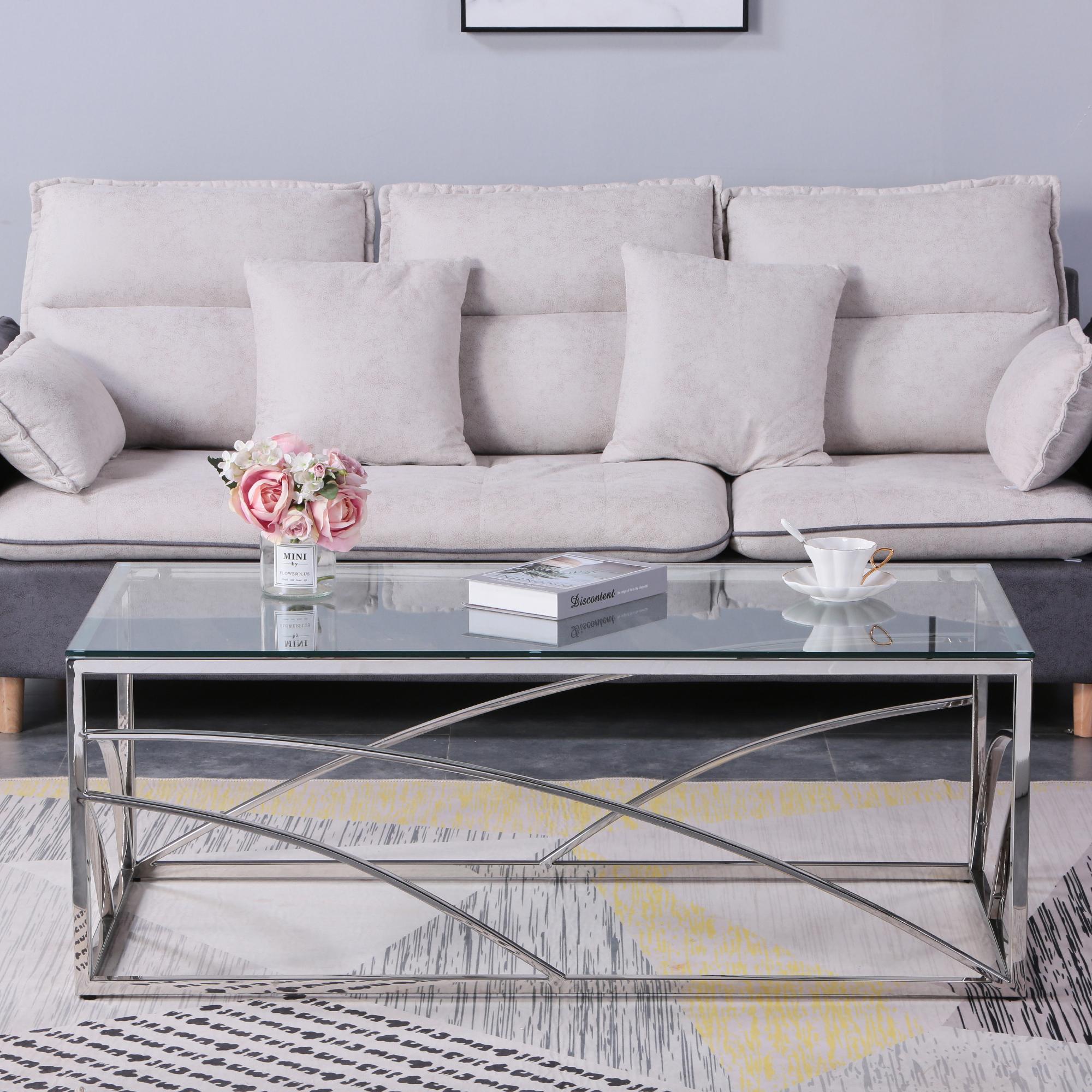 Stainless Steel Rectangular Accent Glass Coffee Table for Living Room- 46.8" Modern Sleek Center Tab