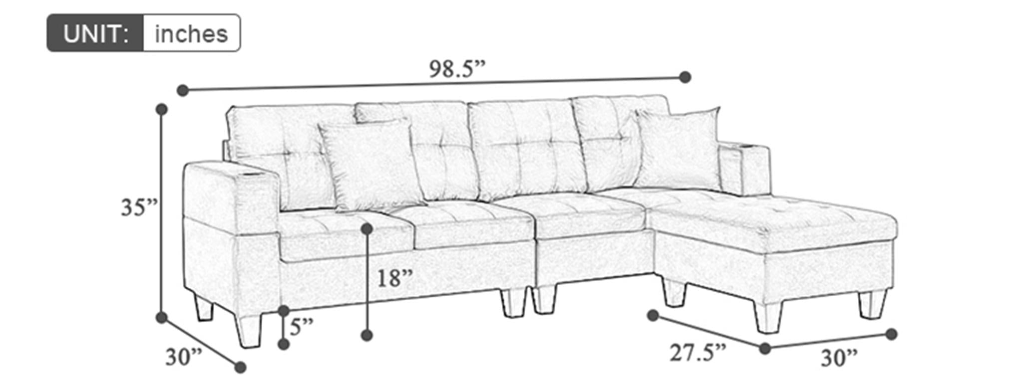 Winforce factory directly supply 98.5'' khaki modern fabric couch, L shape selctional sofa for living room with ottoman