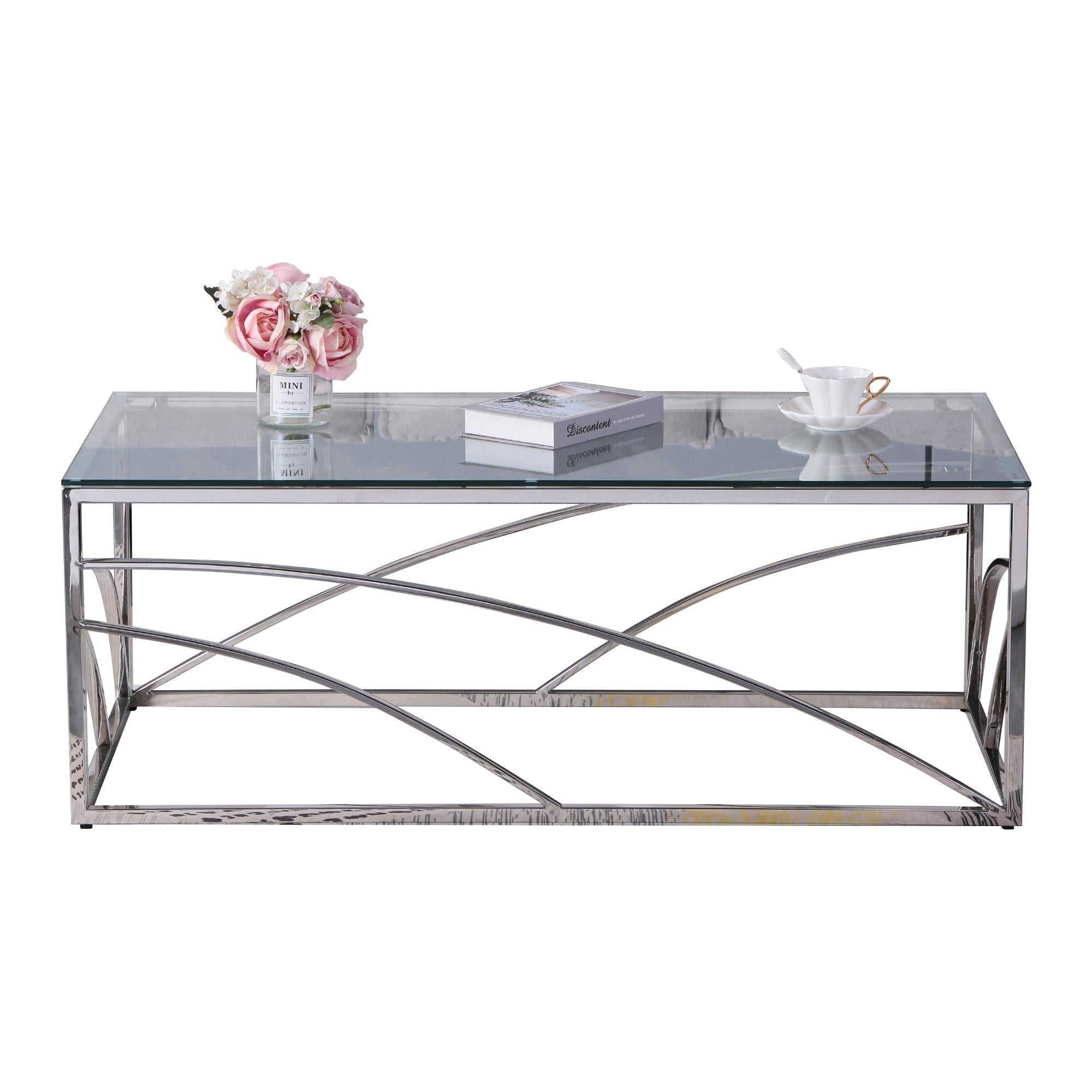 Stainless Steel Rectangular Accent Glass Coffee Table for Living Room- 46.8" Modern Sleek Center Tab