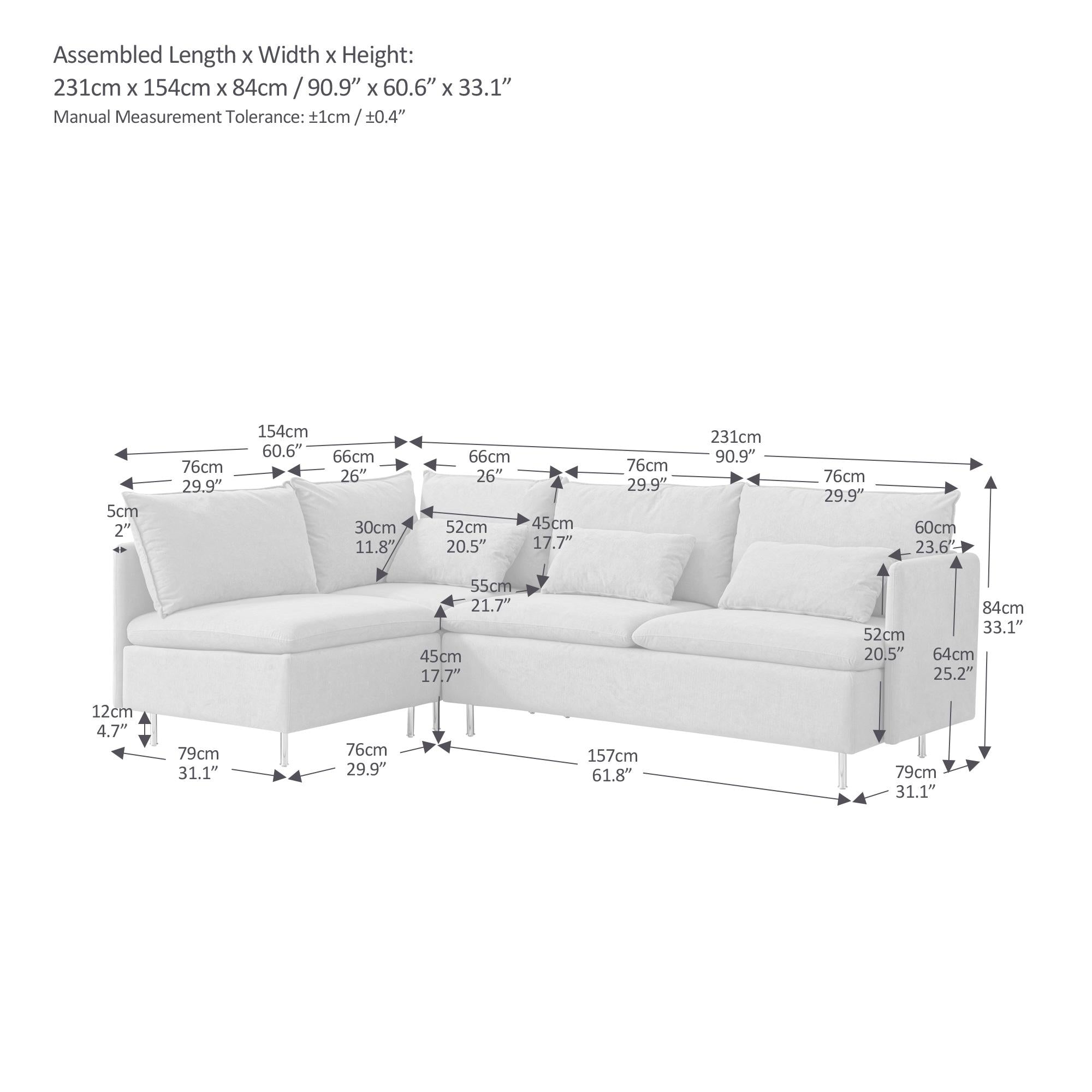 Modular L-shaped Corner sofa ,Left Hand Facing Sectional Couch, Grey Cotton Linen-90.9''